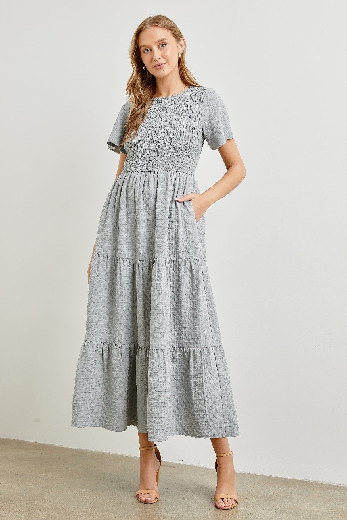 Blue Grey Textured Woven Tiered Midi Dress sold by Pinkblush