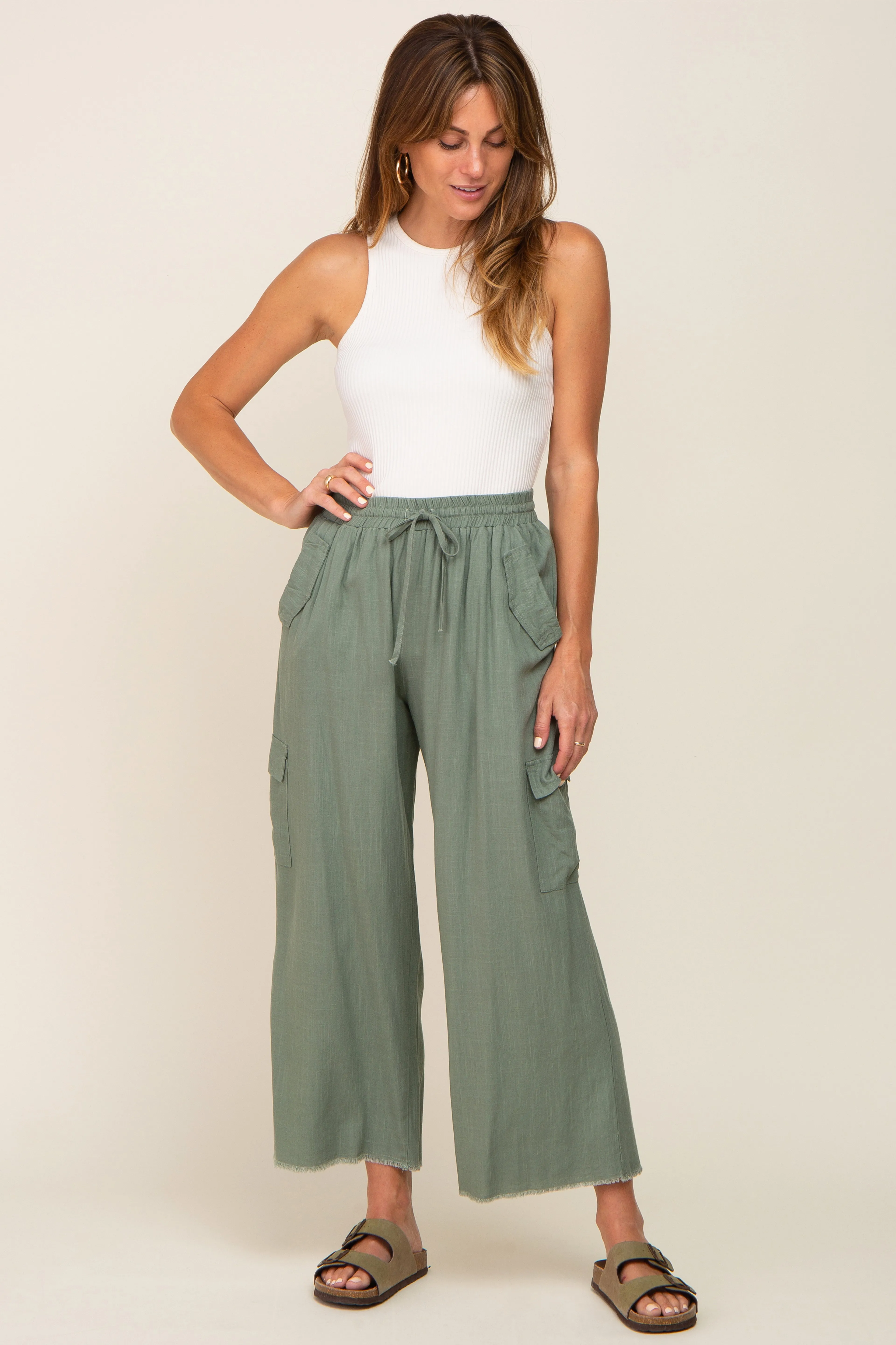 Light Olive Raw Hem Cargo Pants sold by Pinkblush