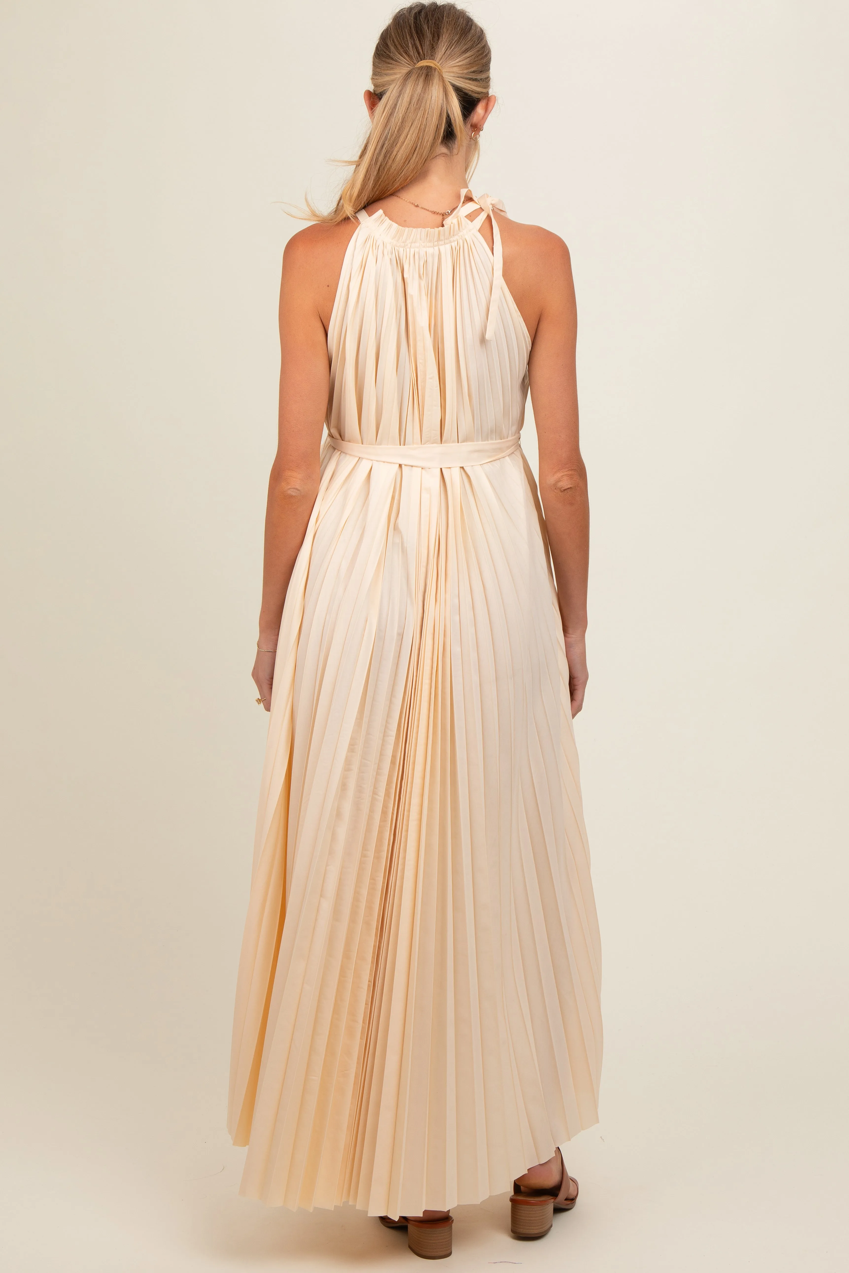 Cream Pleated Empire Tied Waist Maternity Midi Dress sold by Pinkblush product image thumbnail 4
