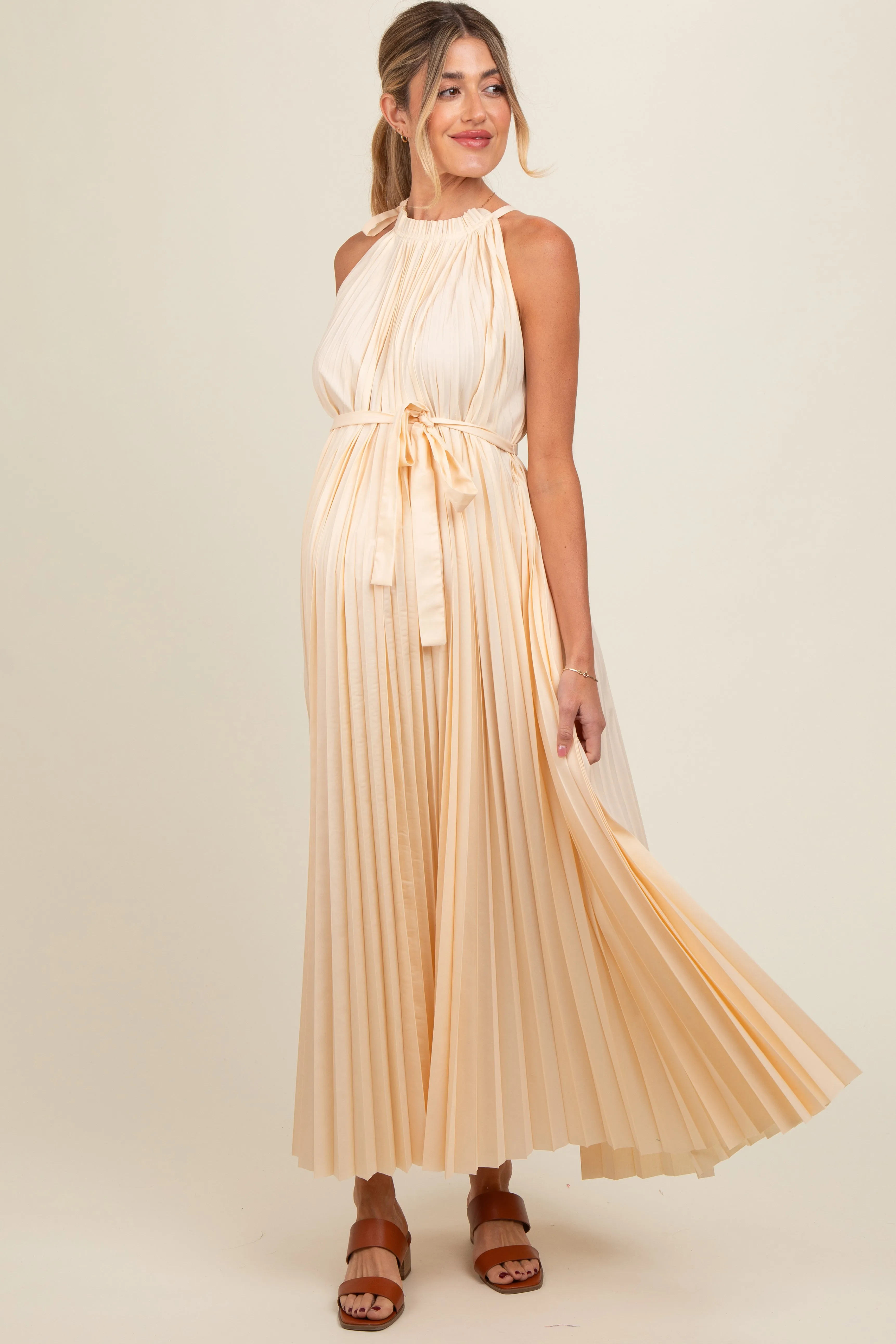 Cream Pleated Empire Tied Waist Maternity Midi Dress sold by Pinkblush