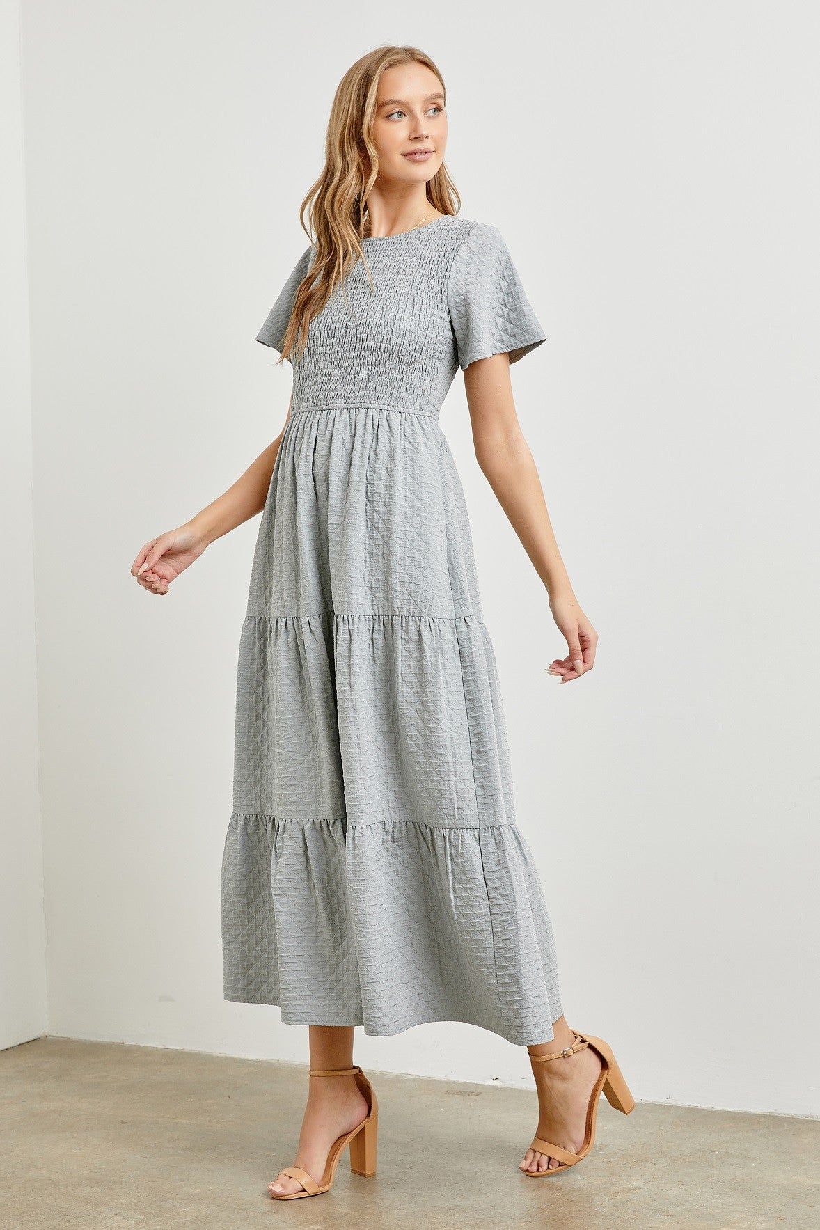 Blue Grey Textured Woven Tiered Midi Dress sold by Pinkblush product image thumbnail 2
