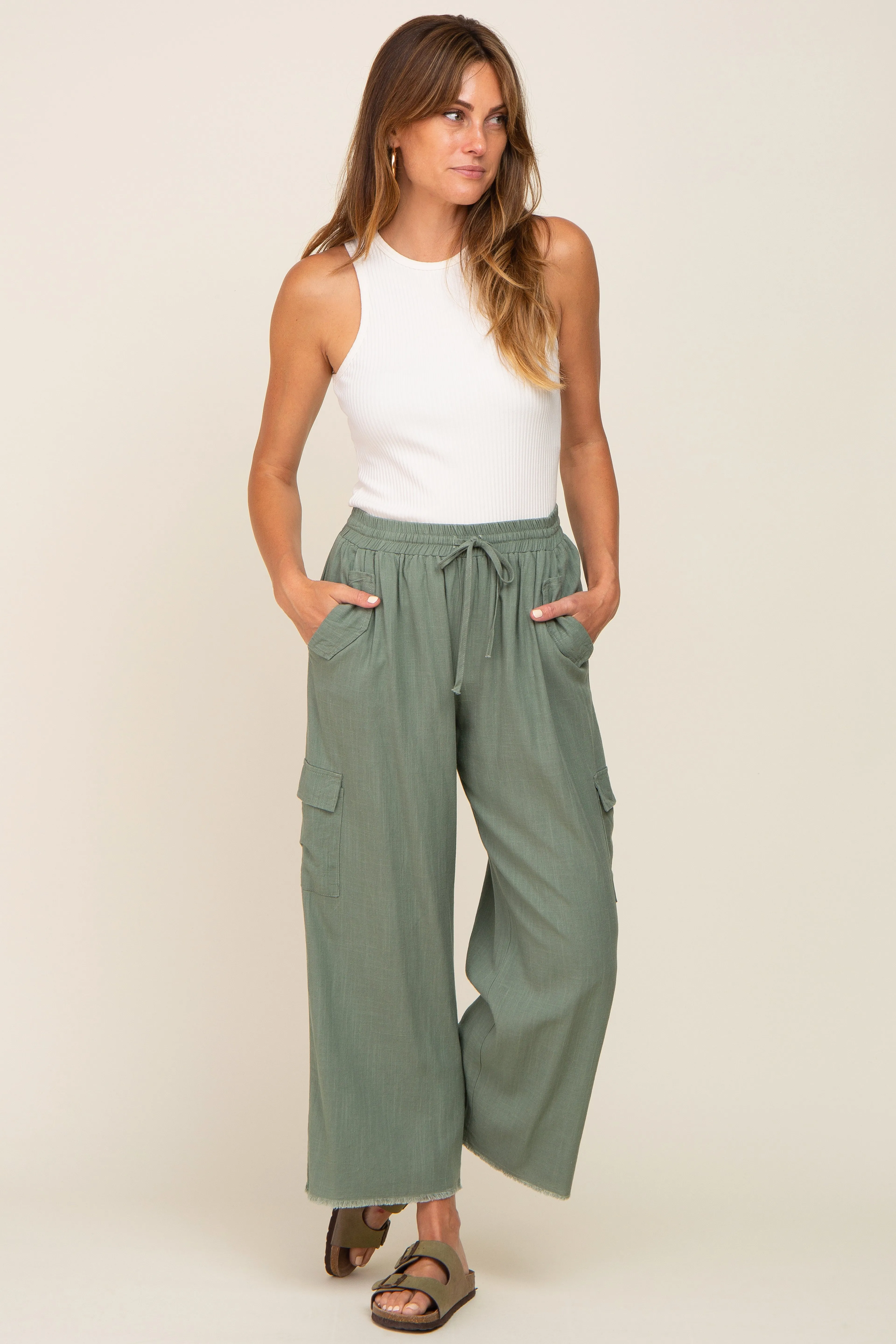 Light Olive Raw Hem Cargo Pants sold by Pinkblush product image thumbnail 5