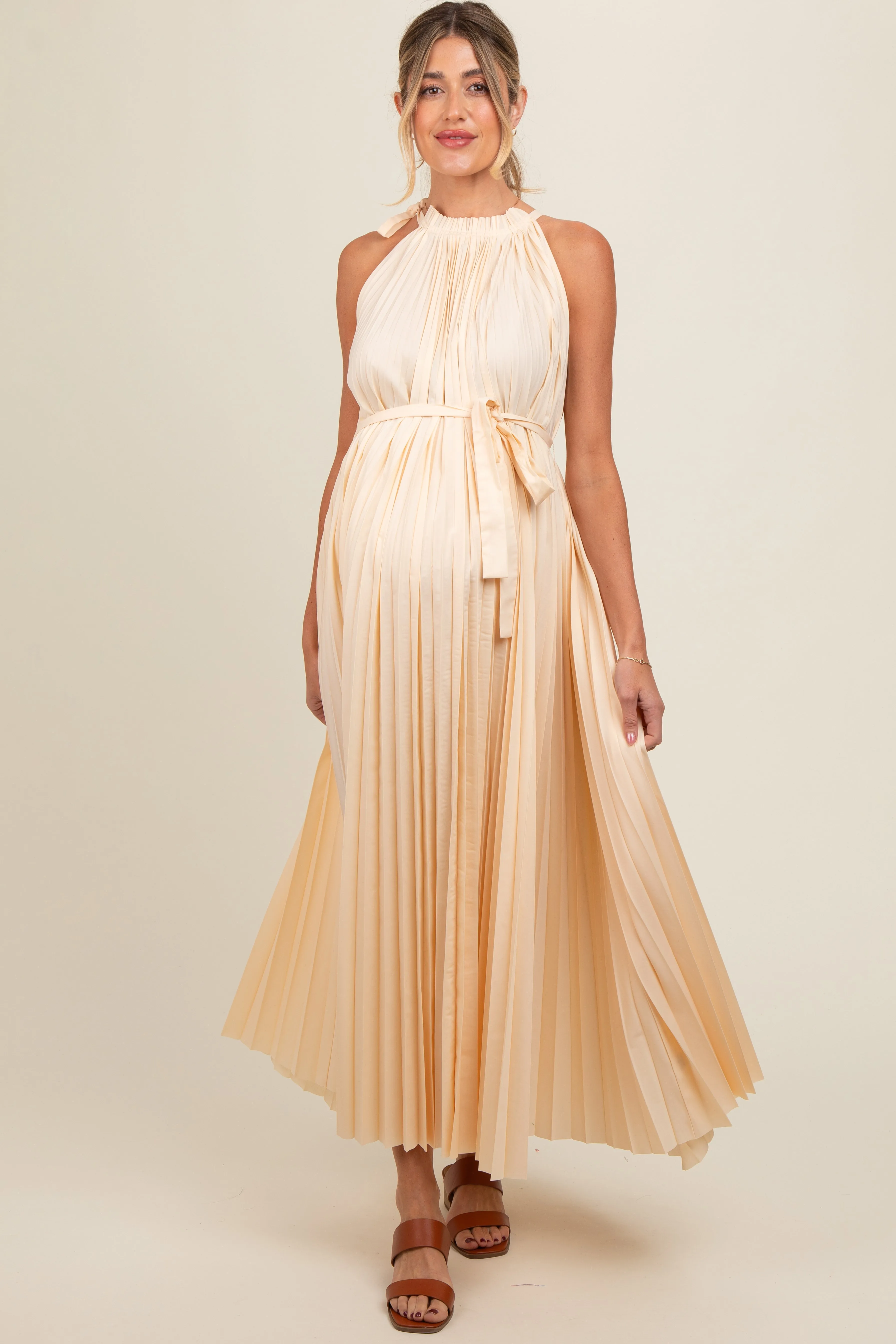 Cream Pleated Empire Tied Waist Maternity Midi Dress sold by Pinkblush product image thumbnail 2