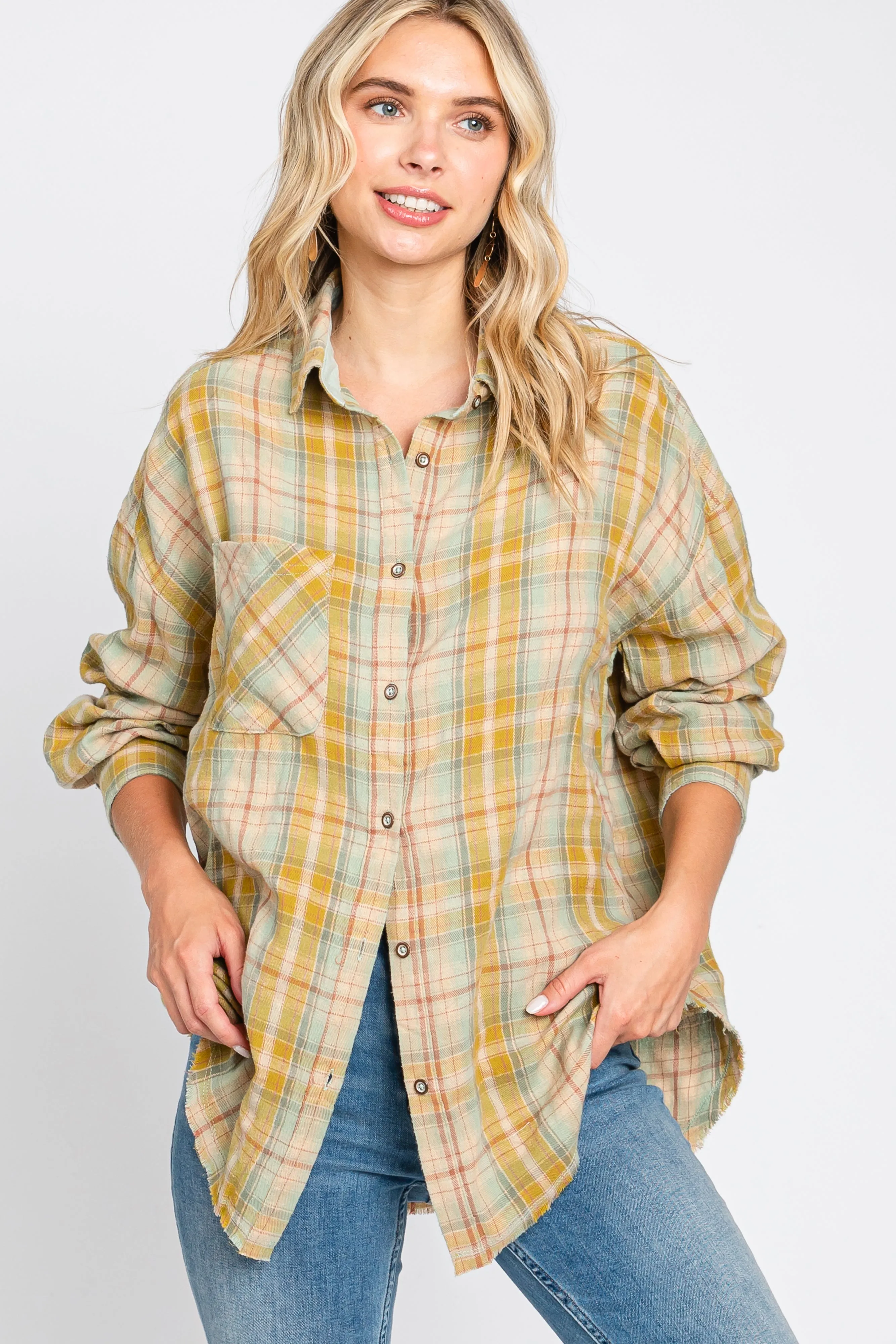 Gold Plaid Button Up Raw Edge Maternity Flannel Top sold by Pinkblush product image thumbnail 5
