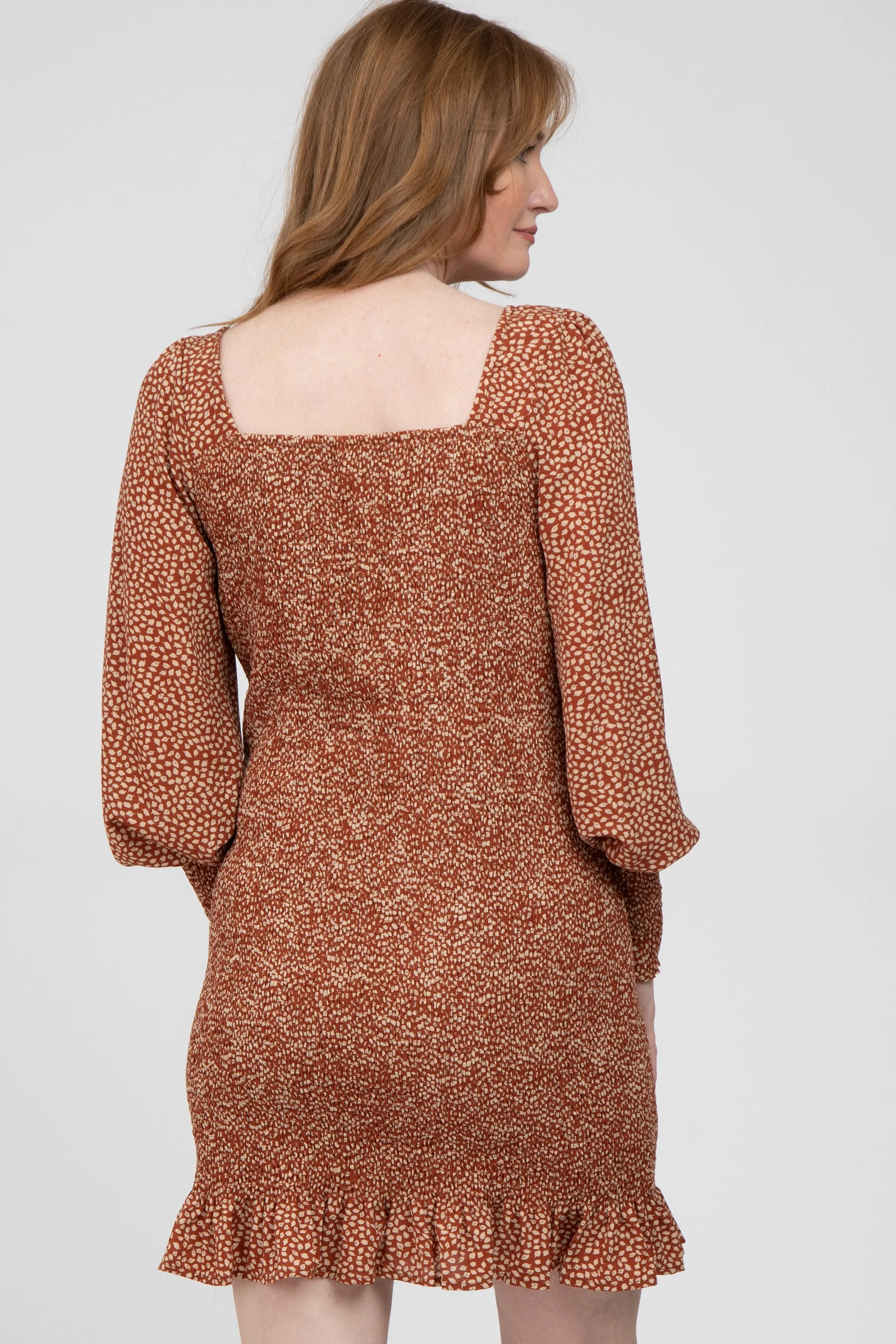 Rust Leaf Print Smocked Dress sold by Pinkblush product image thumbnail 4