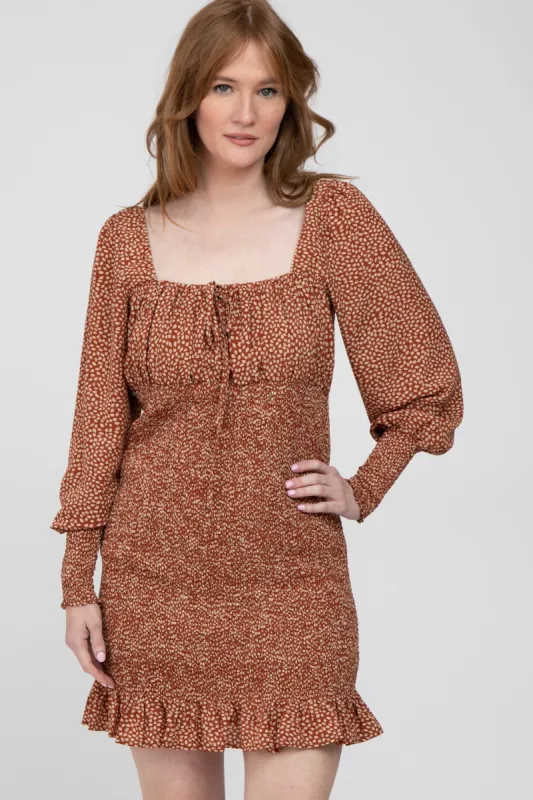 Rust Leaf Print Smocked Dress sold by Pinkblush