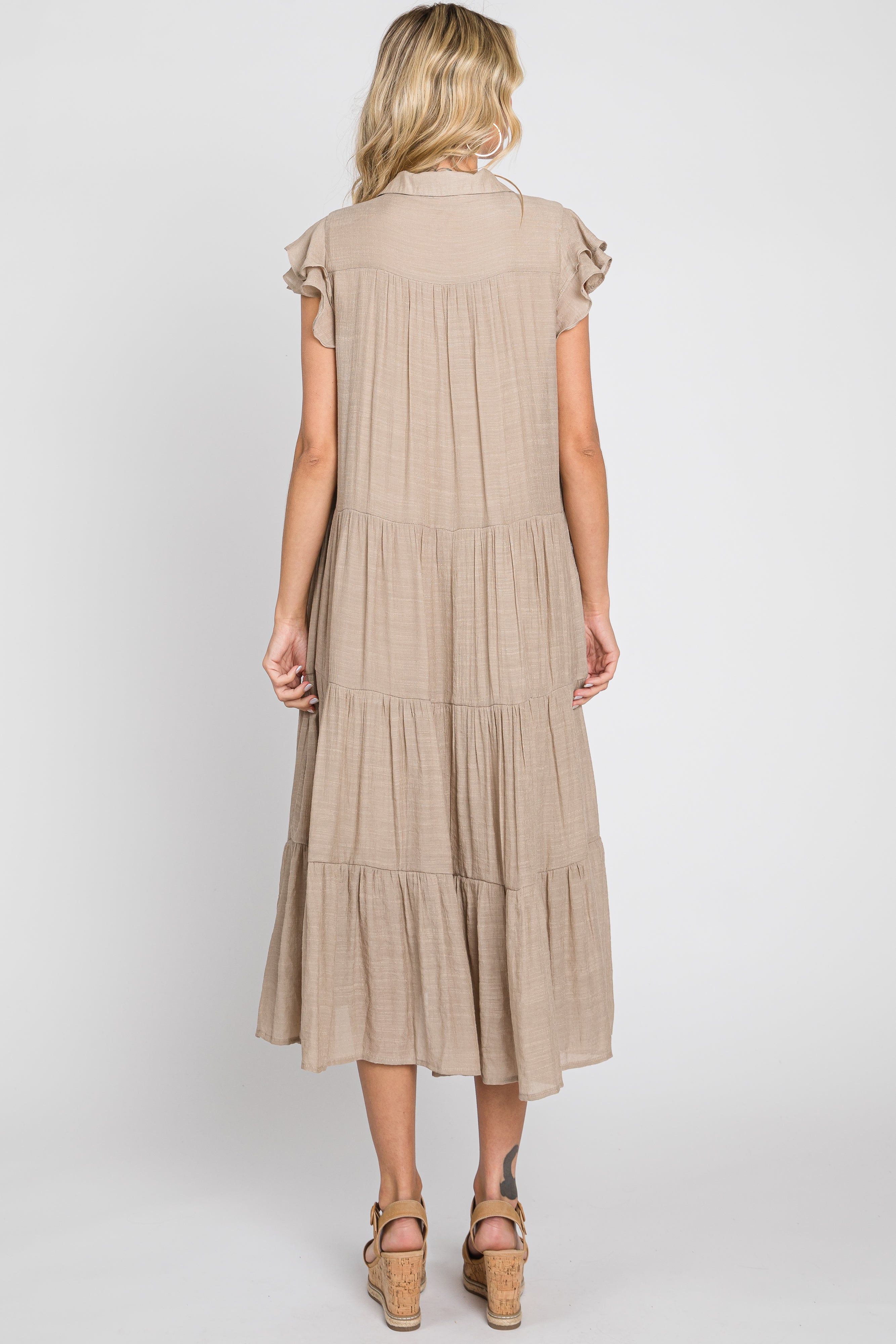Taupe Flutter Sleeve Tiered Midi Dress sold by Pinkblush product image thumbnail 3