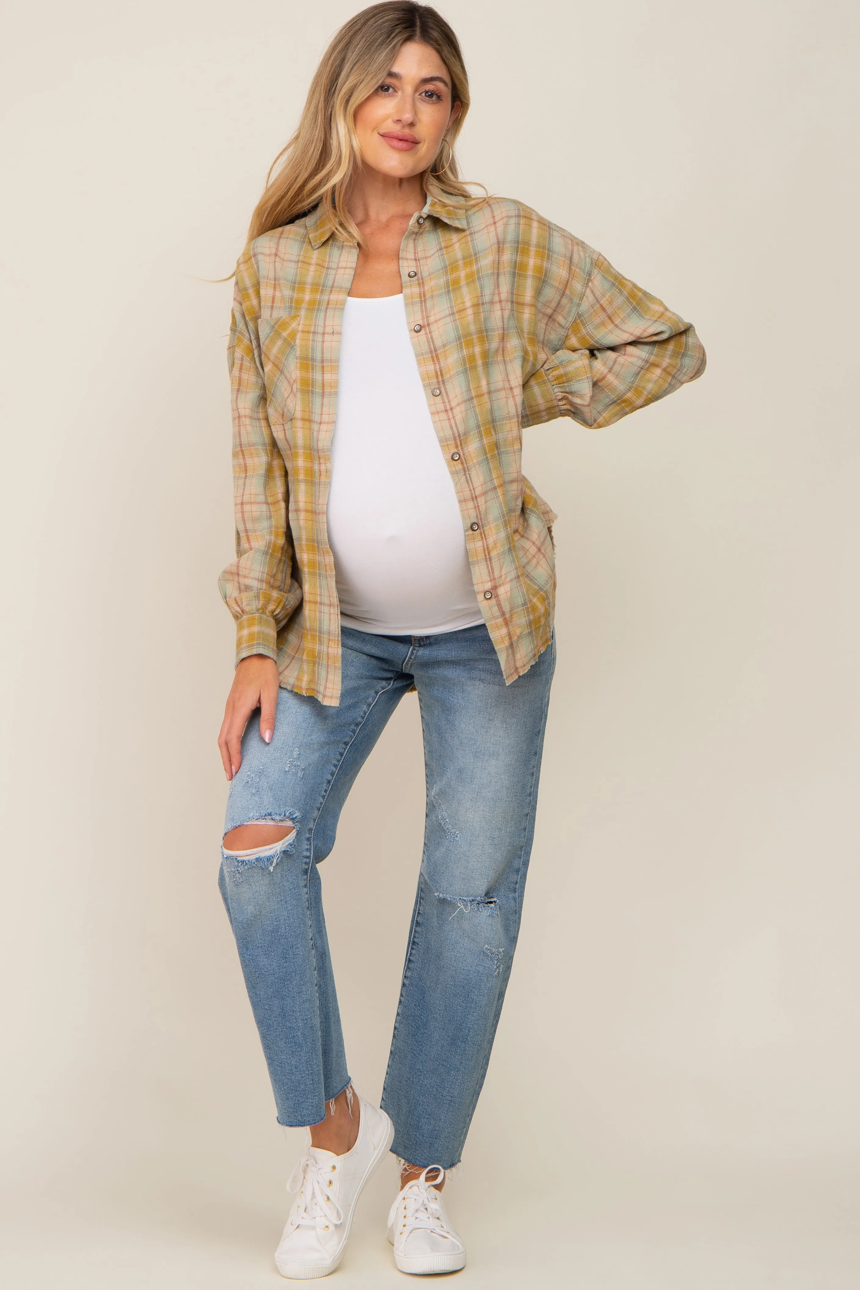Gold Plaid Button Up Raw Edge Maternity Flannel Top sold by Pinkblush product image thumbnail 4