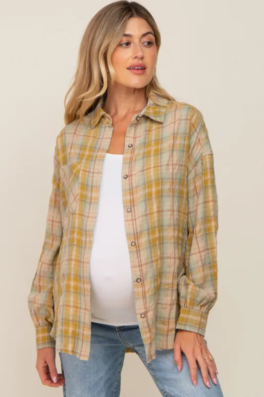 Gold Plaid Button Up Raw Edge Maternity Flannel Top sold by Pinkblush