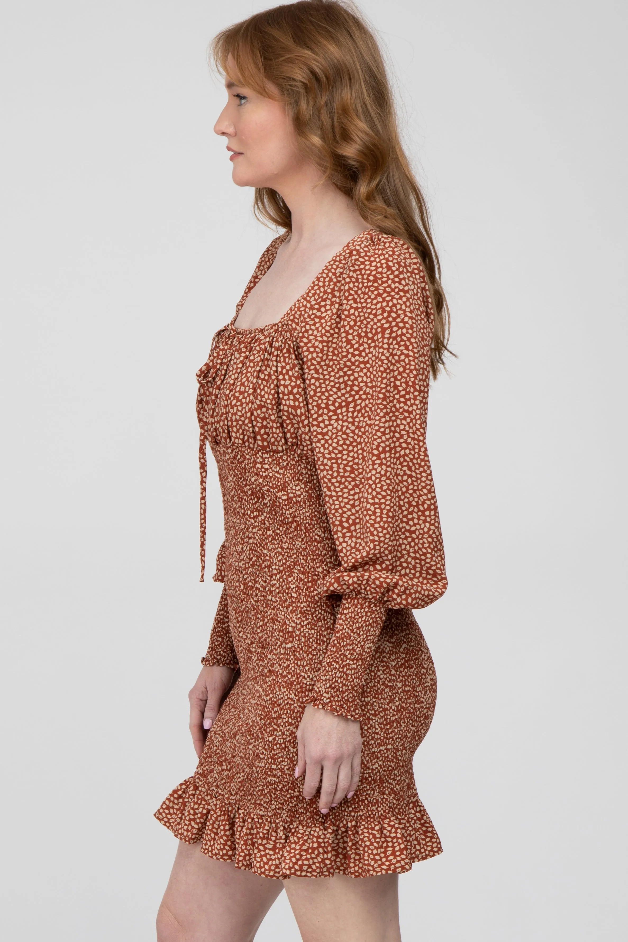 Rust Leaf Print Smocked Dress sold by Pinkblush product image thumbnail 3