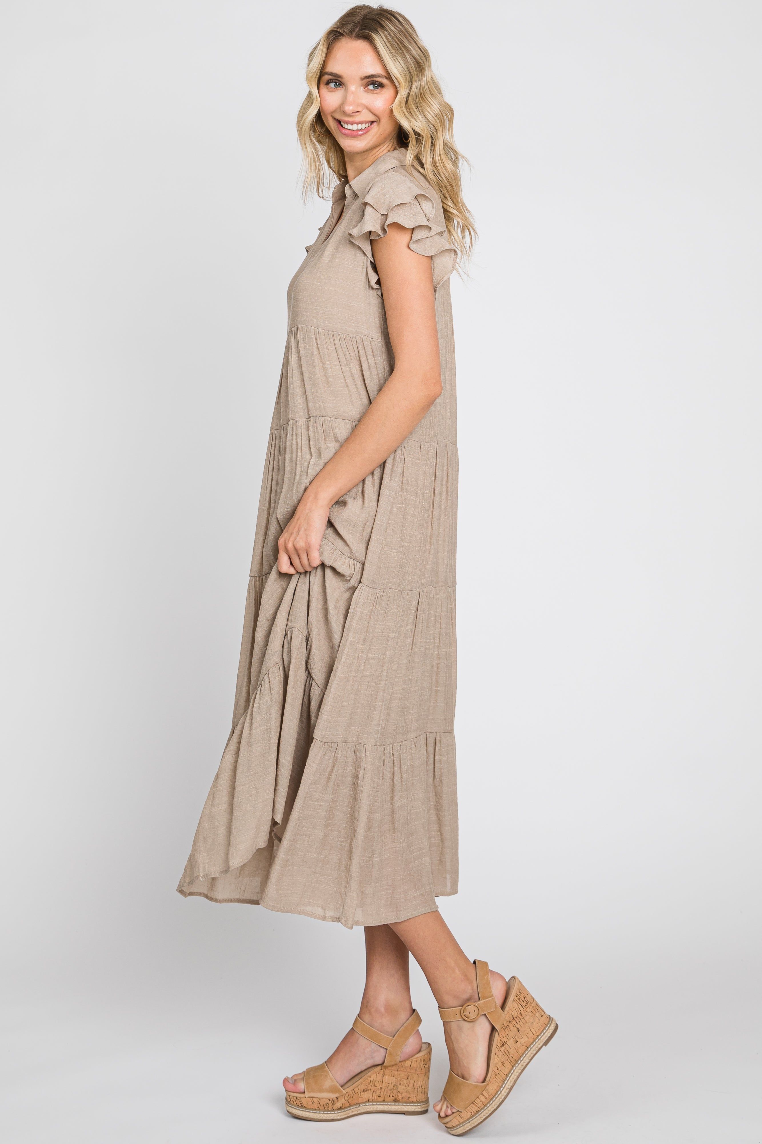 Taupe Flutter Sleeve Tiered Midi Dress sold by Pinkblush product image thumbnail 2