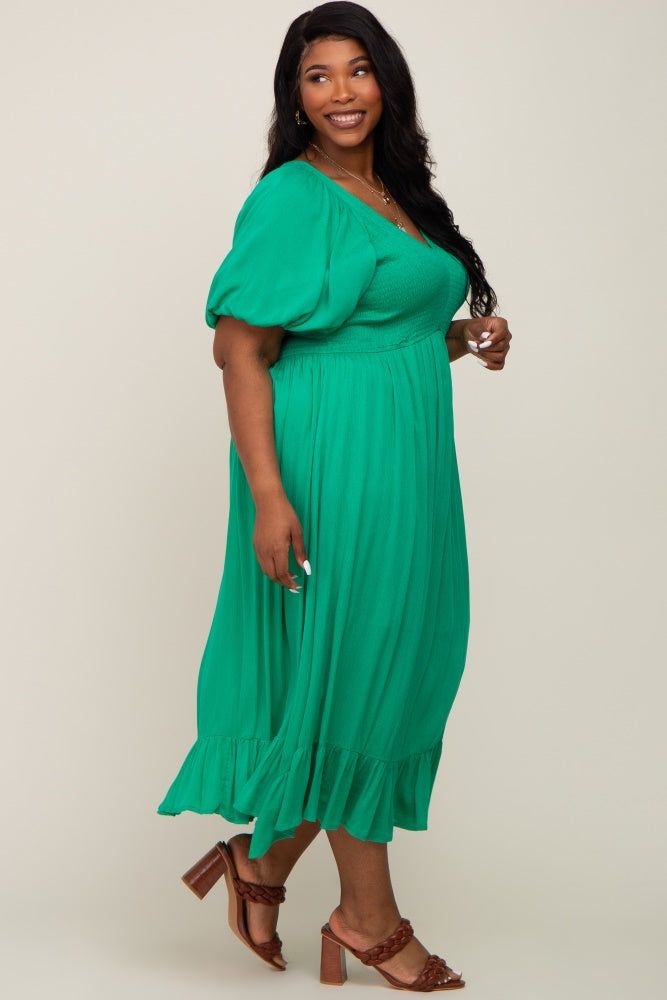 Green Smocked Puff Sleeve Plus Midi Dress sold by Pinkblush product image thumbnail 2