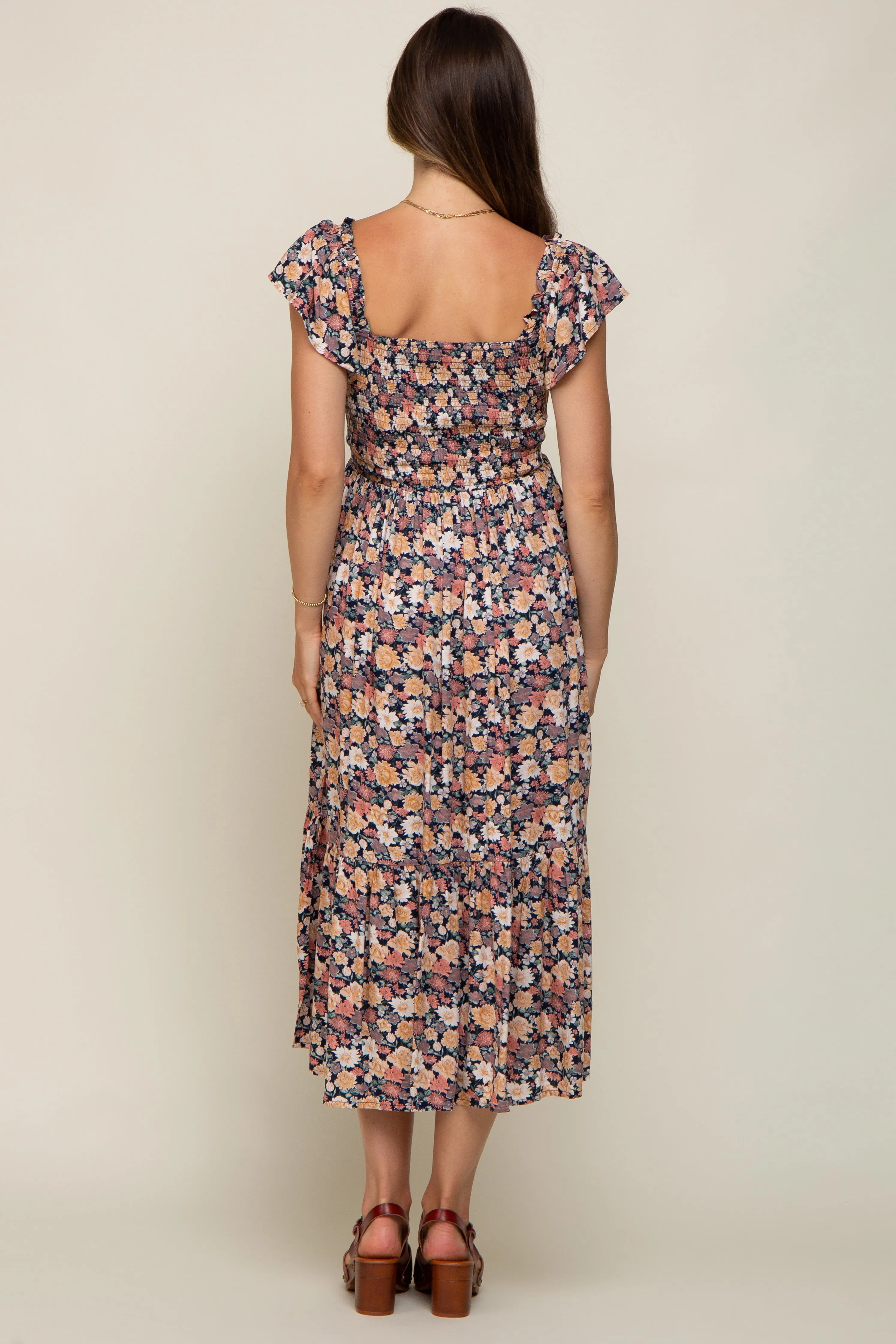 Black Floral Off Shoulder Smocked Maternity Midi Dress sold by Pinkblush product image thumbnail 5