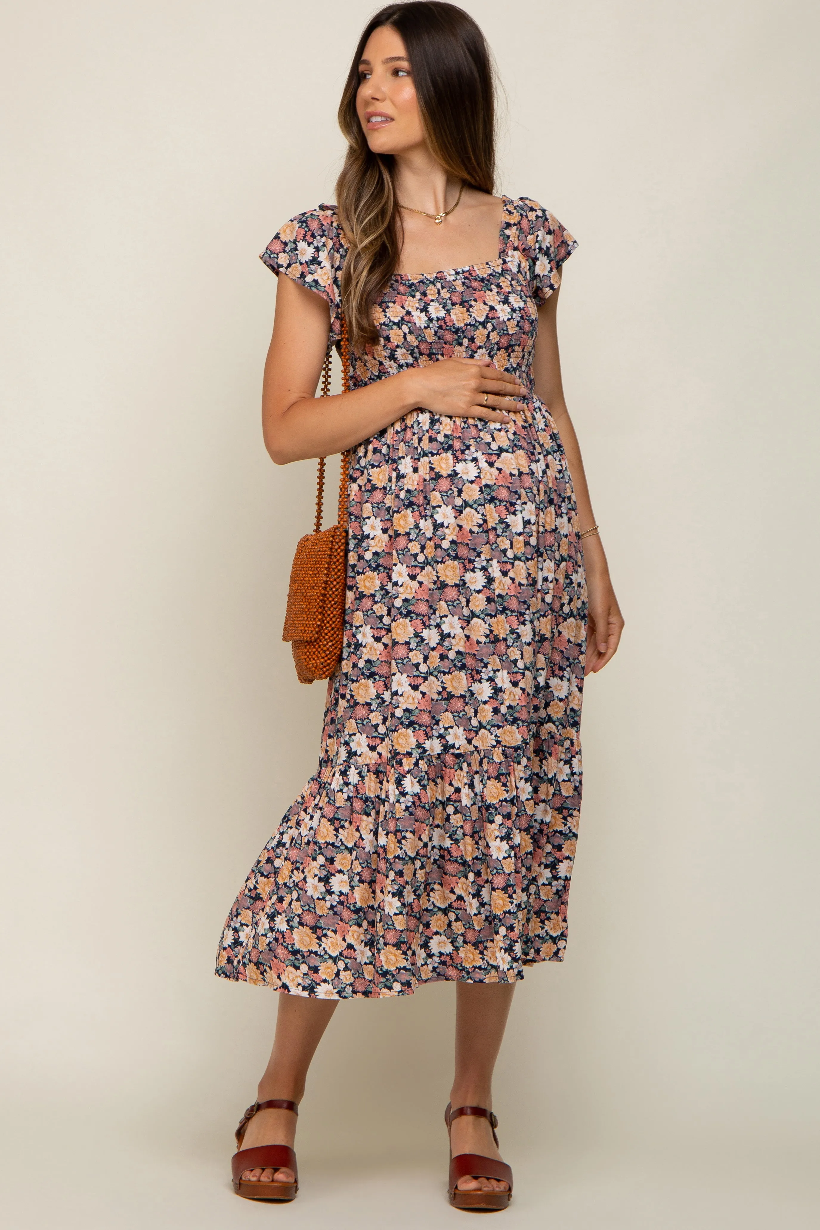 Black Floral Off Shoulder Smocked Maternity Midi Dress sold by Pinkblush product image thumbnail 3