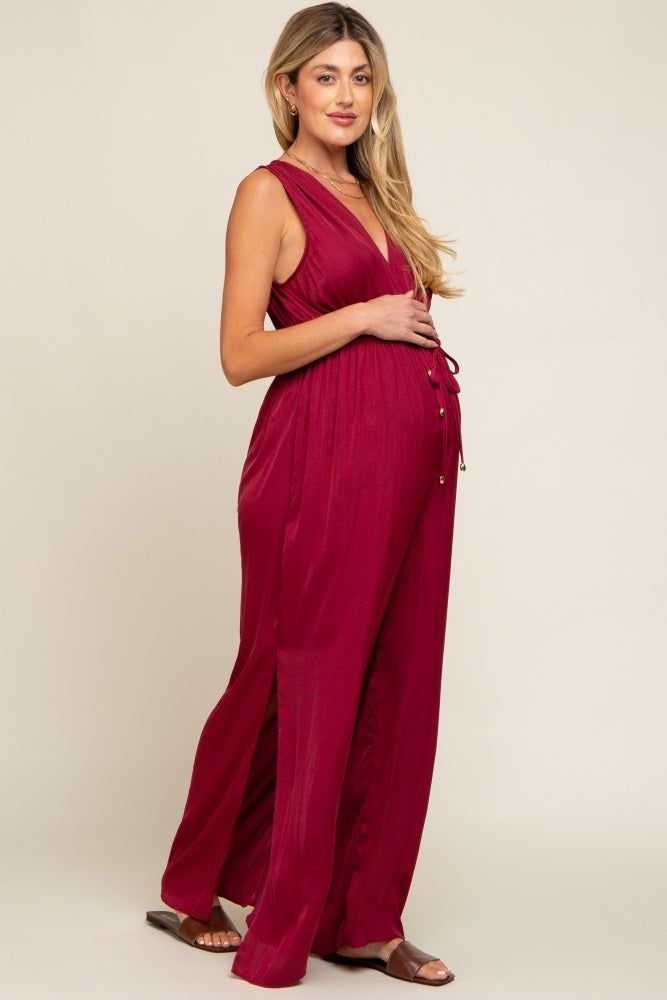 Burgundy Satin V-Neck Side Slit Maternity Jumpsuit sold by Pinkblush product image thumbnail 2