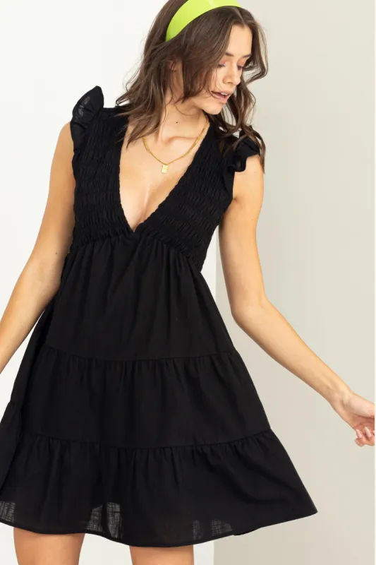 Black Flair Smocked Tiered Mini Dress sold by Pinkblush