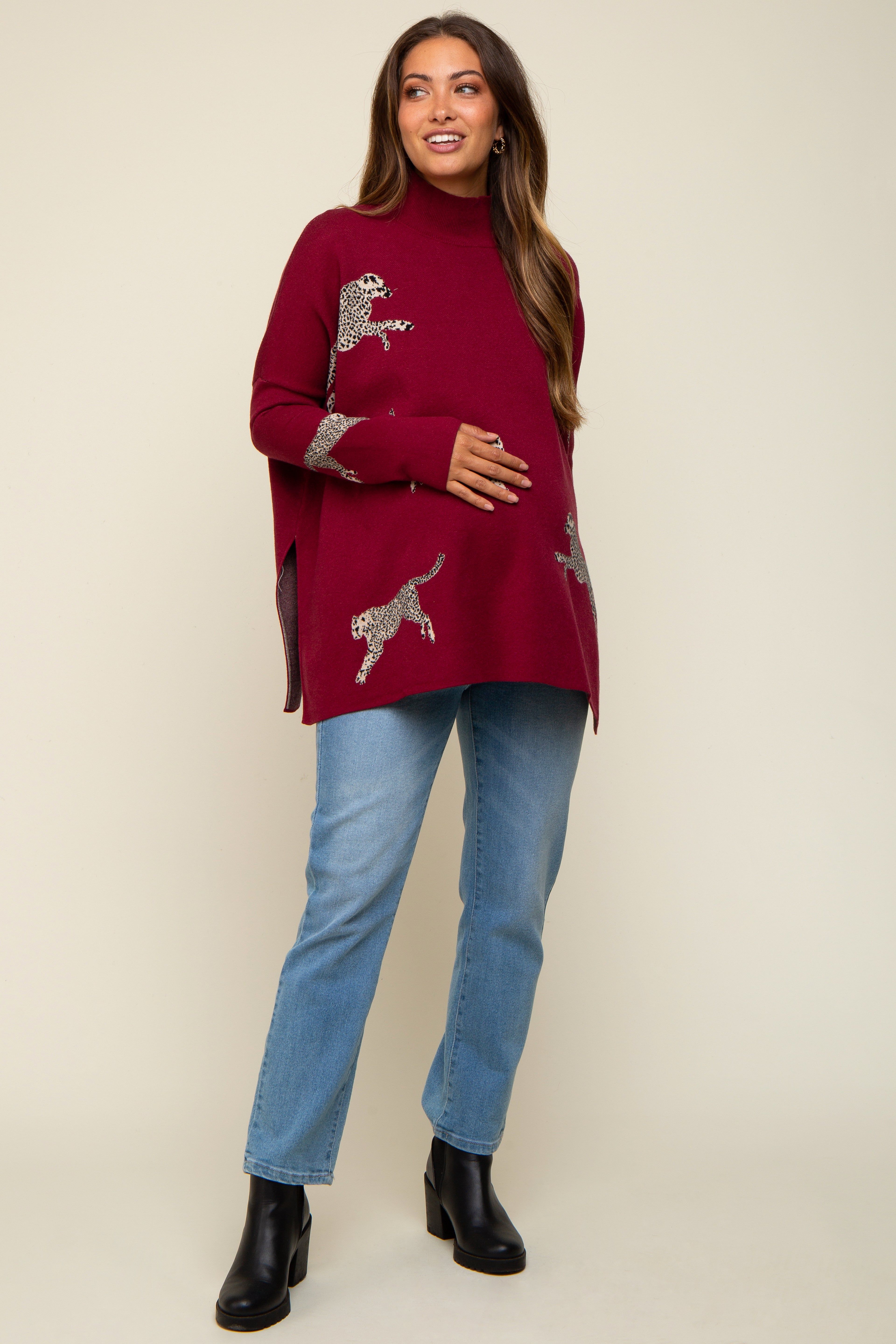 Burgundy Animal Print Side Slit Maternity Sweater sold by Pinkblush
