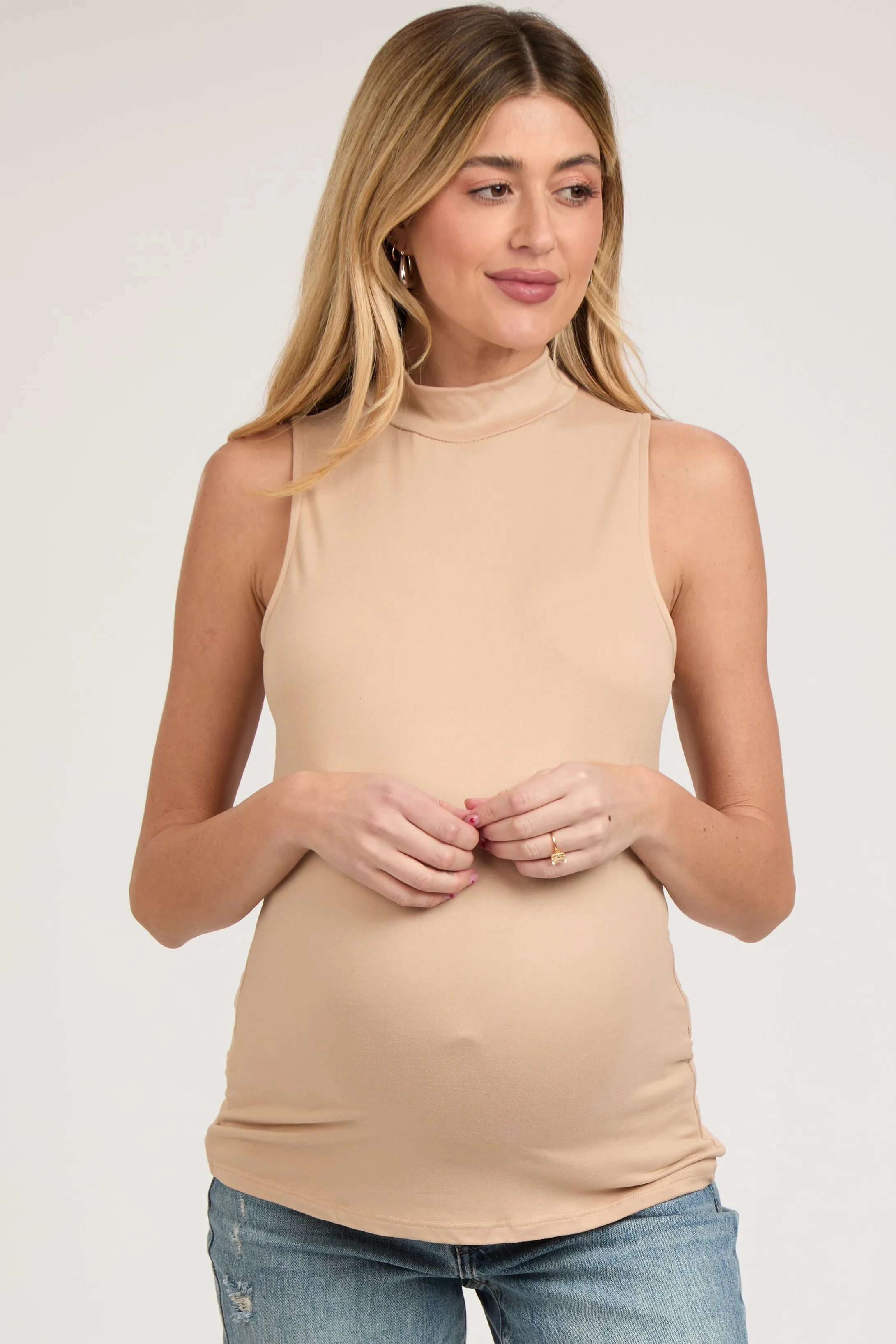 Beige Sleeveless Mock Neck Maternity Top sold by Pinkblush