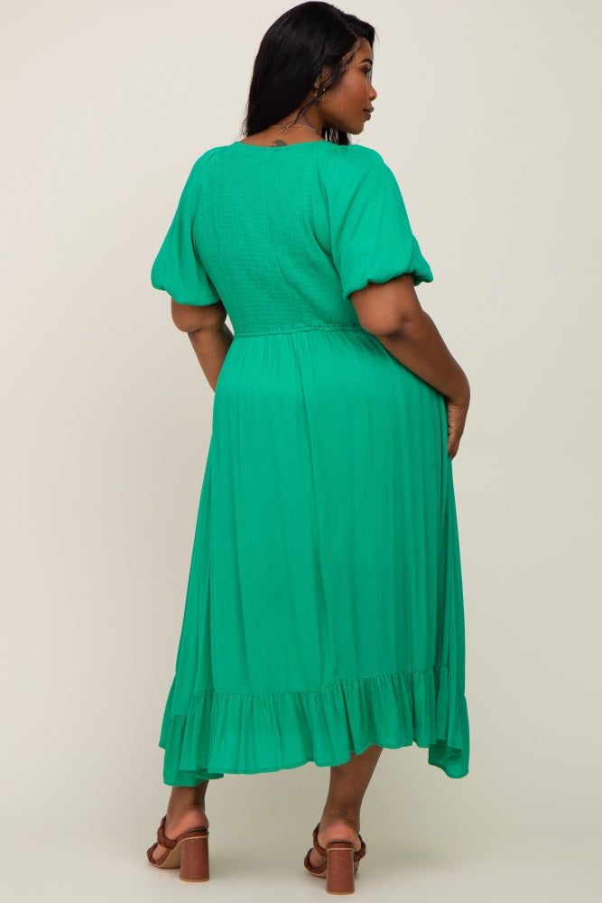 Green Smocked Puff Sleeve Plus Midi Dress sold by Pinkblush product image thumbnail 3