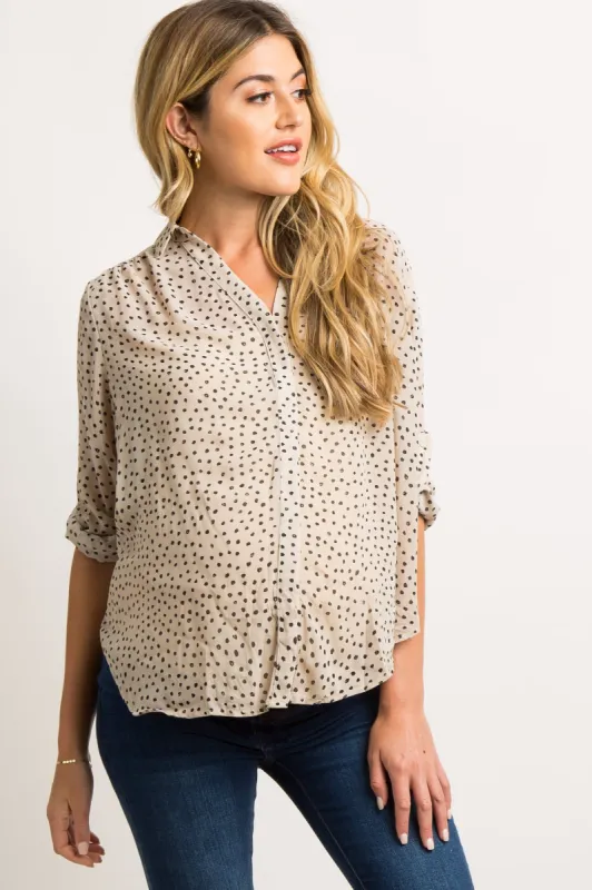 Beige Polka Dot Chiffon Maternity Blouse sold by Pinkblush