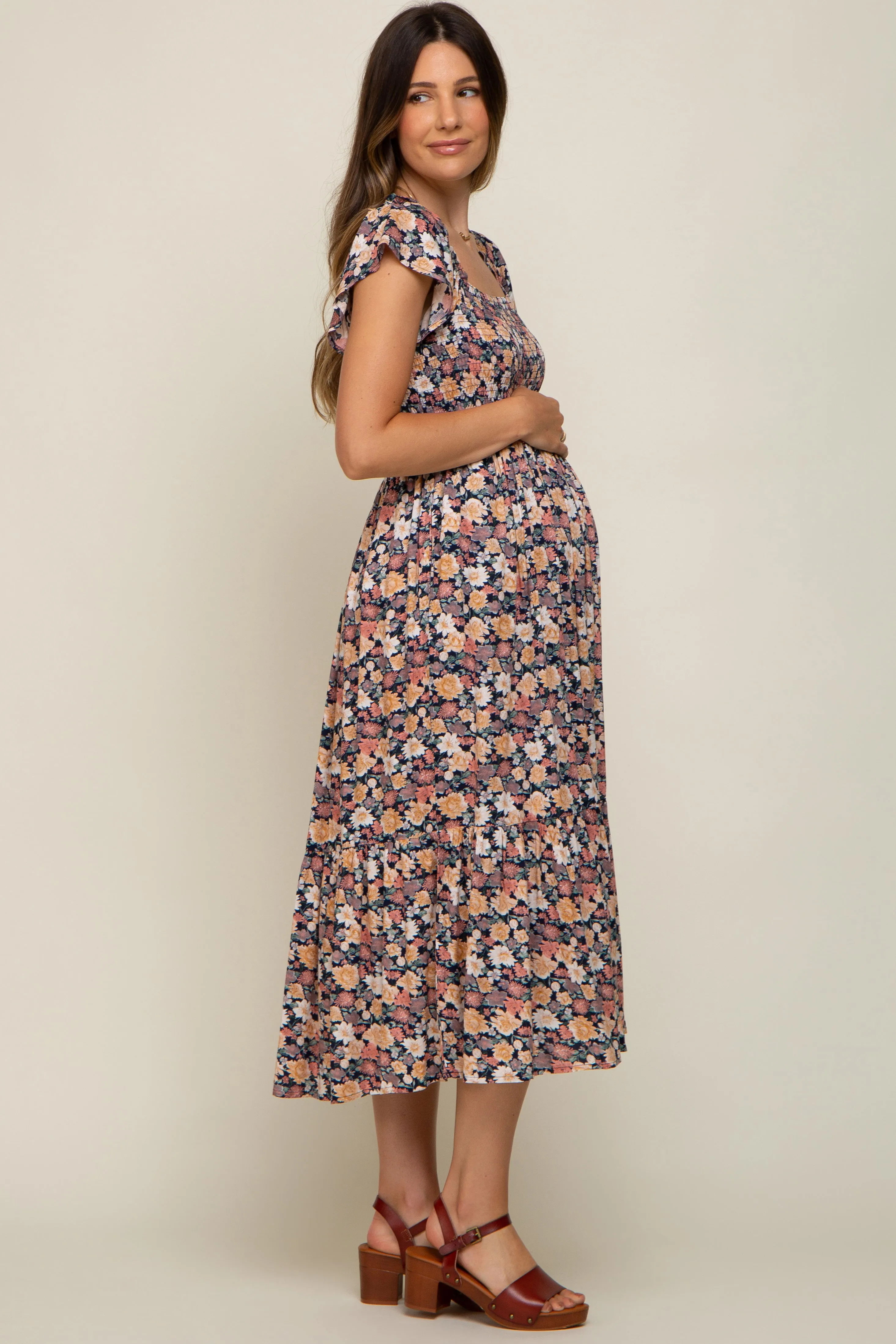 Black Floral Off Shoulder Smocked Maternity Midi Dress sold by Pinkblush product image thumbnail 4