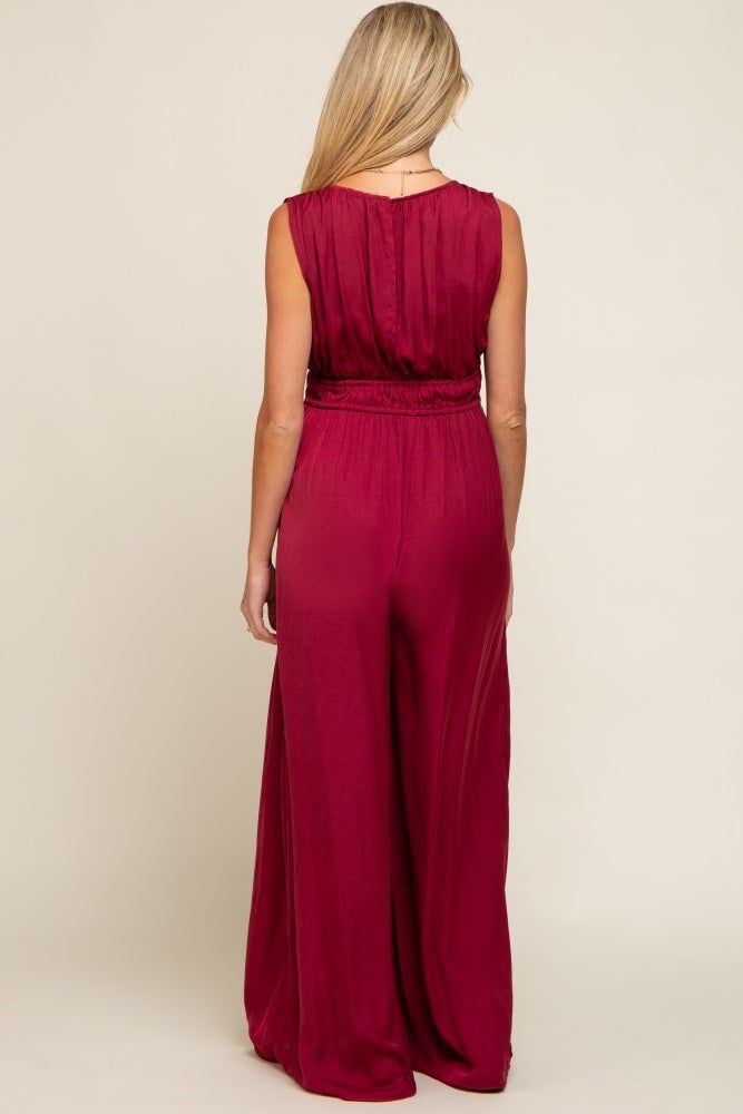 Burgundy Satin V-Neck Side Slit Maternity Jumpsuit sold by Pinkblush product image thumbnail 3