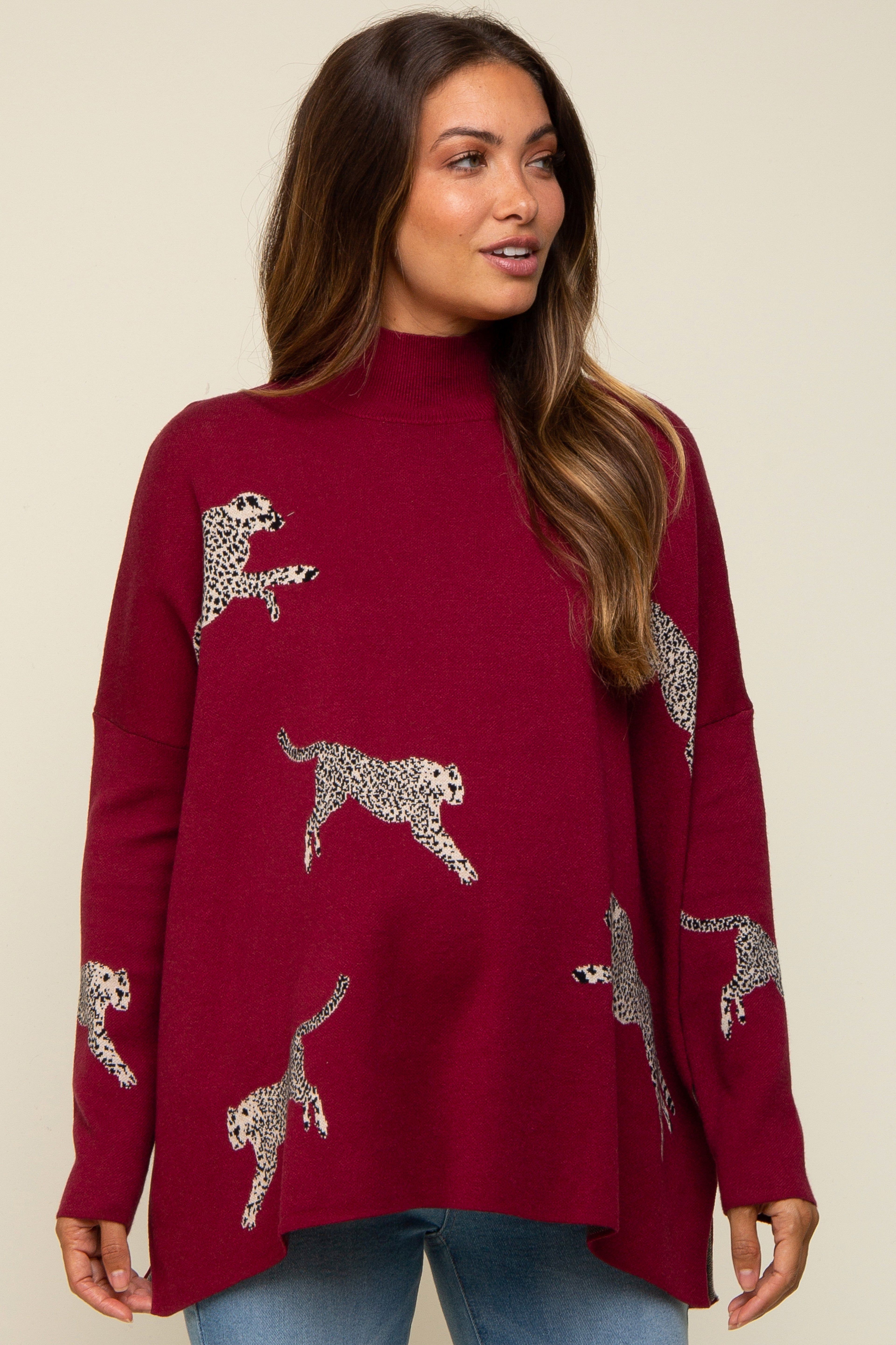 Burgundy Animal Print Side Slit Maternity Sweater sold by Pinkblush product image thumbnail 2