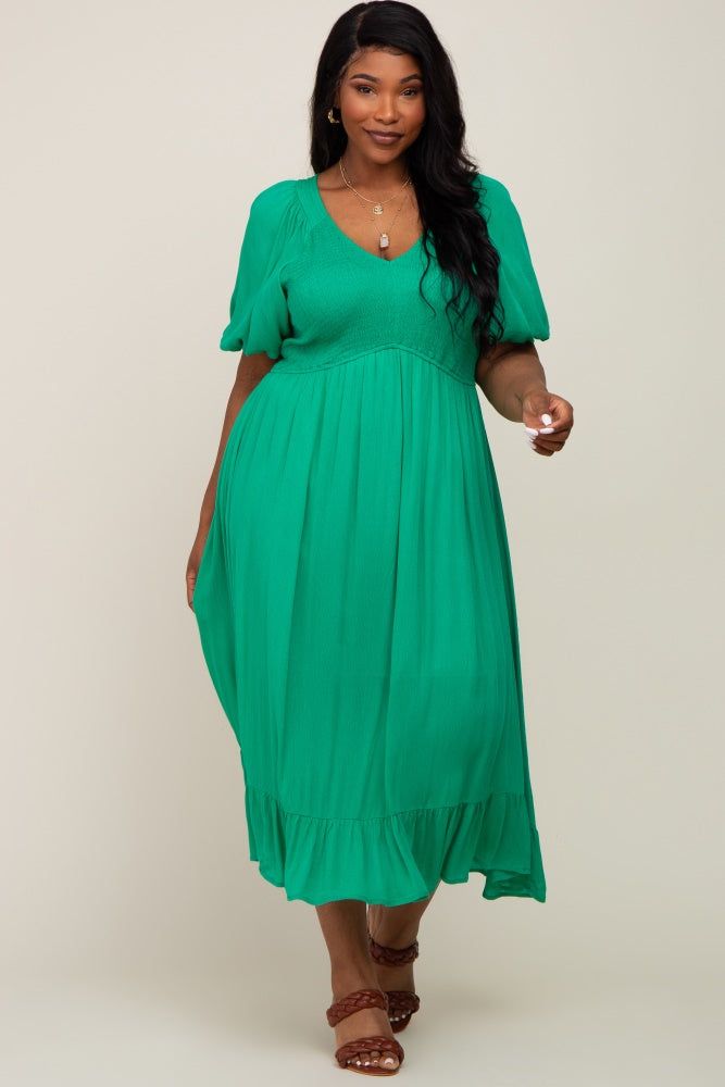 Green Smocked Puff Sleeve Plus Midi Dress sold by Pinkblush product image thumbnail 4