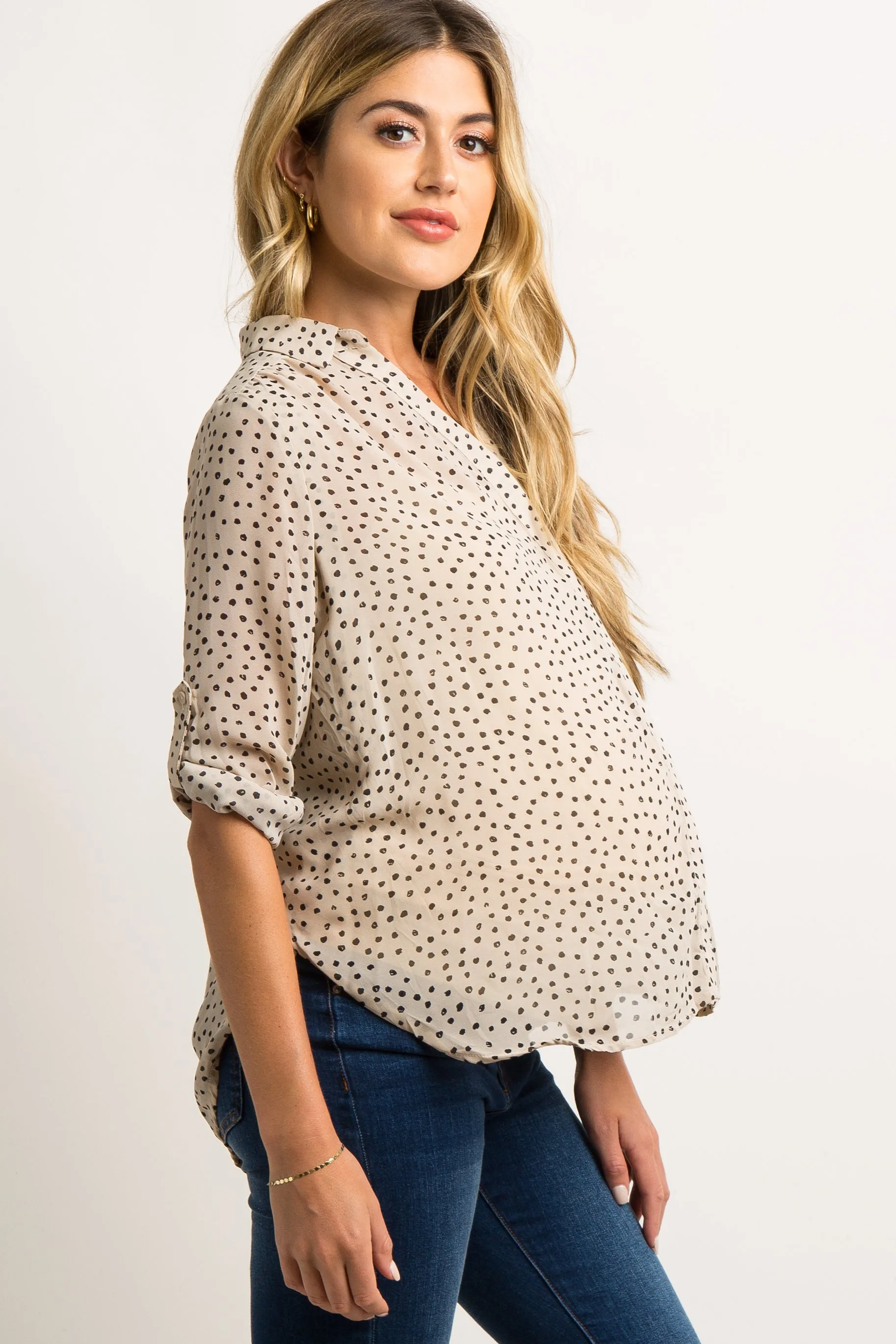 Beige Polka Dot Chiffon Maternity Blouse sold by Pinkblush product image thumbnail 2