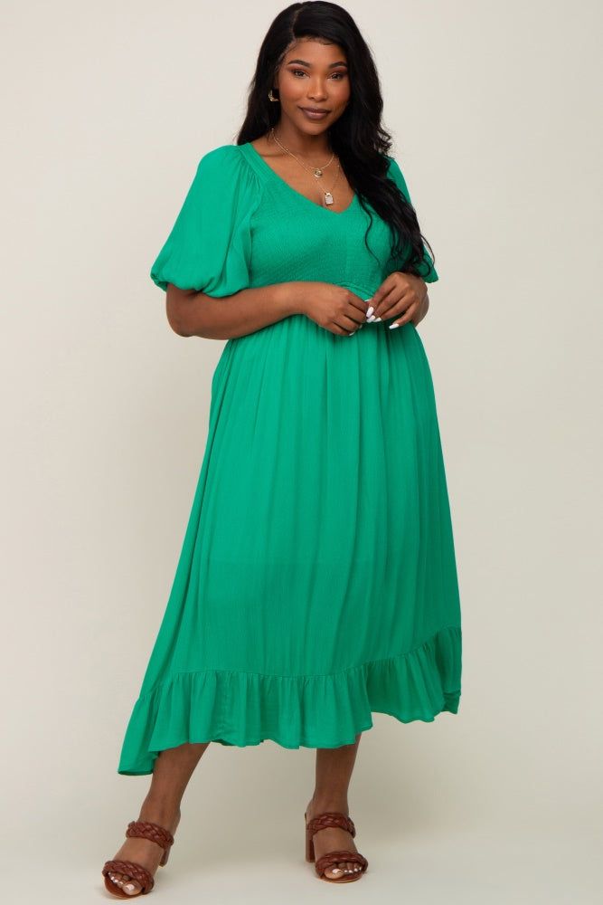 Green Smocked Puff Sleeve Plus Midi Dress sold by Pinkblush