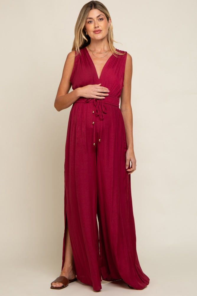 Burgundy Satin V-Neck Side Slit Maternity Jumpsuit sold by Pinkblush product image thumbnail 4
