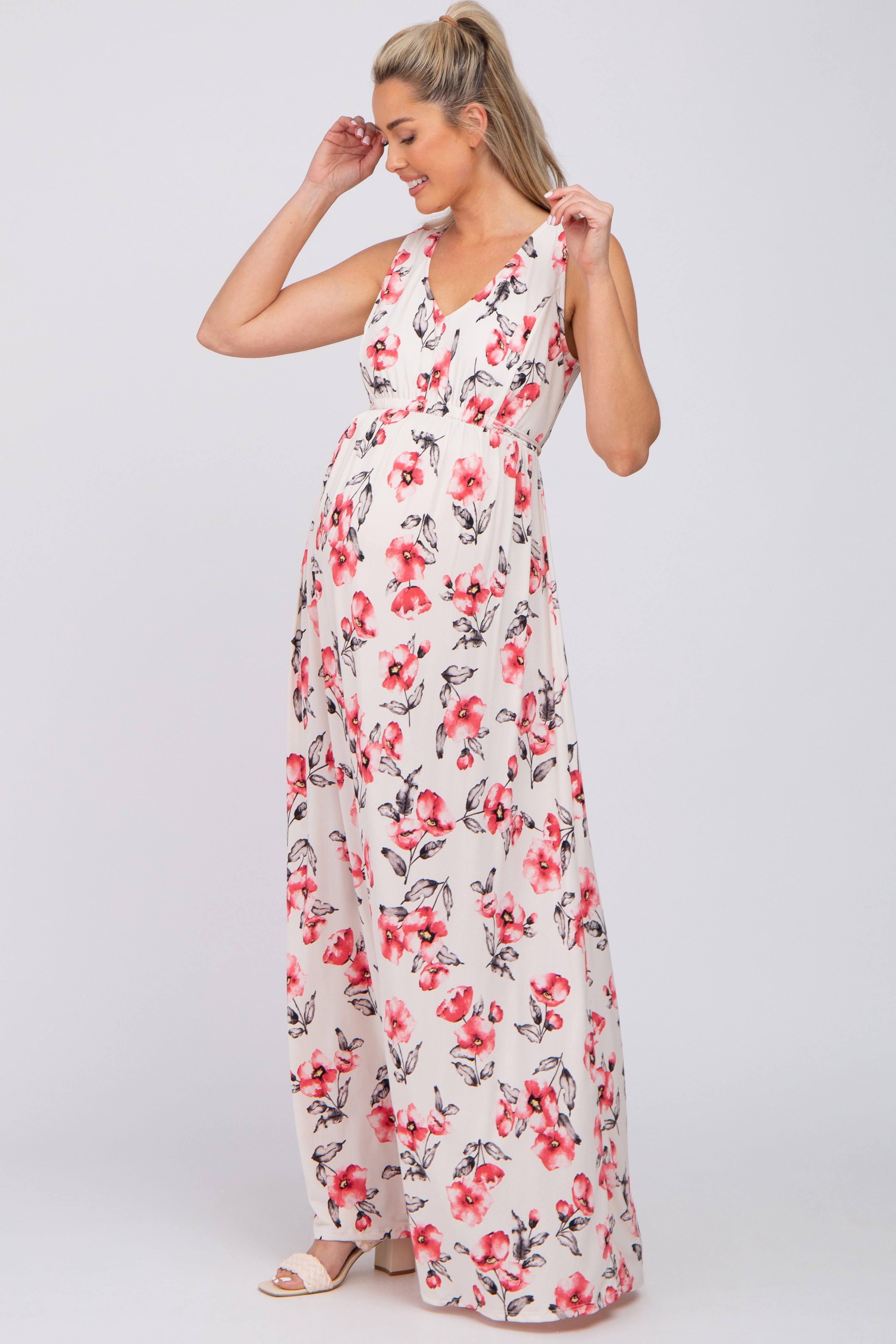Ivory Floral Waist Tie Maternity Maxi Dress sold by Pinkblush product image thumbnail 2