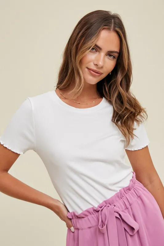 White Ribbed Fitted Lettuce Trim Top sold by Pinkblush