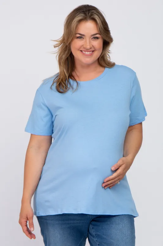 Light Blue Solid Short Sleeve Plus Maternity Top sold by Pinkblush