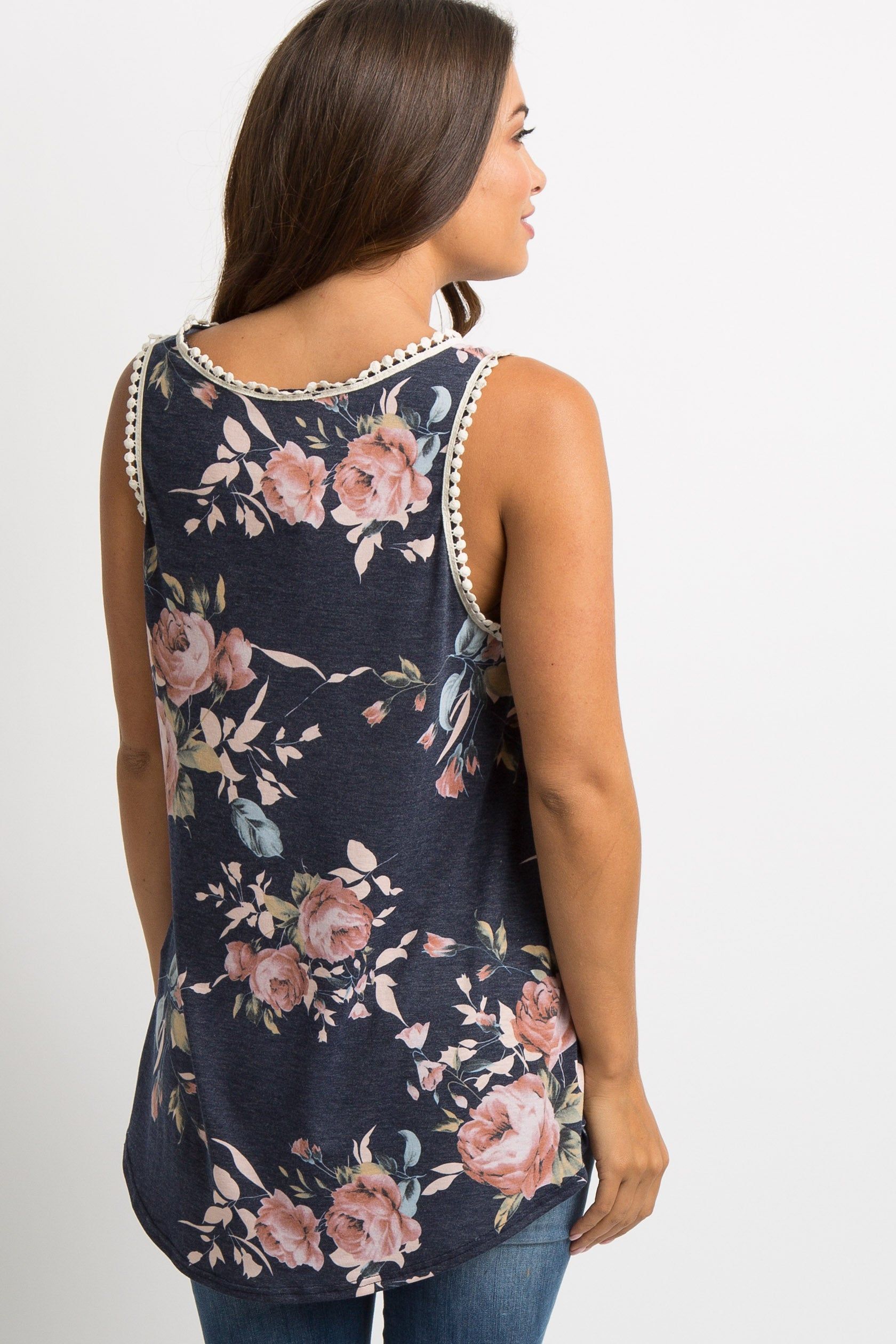 Navy Blue Floral Crochet Trim Sleeveless Maternity Top sold by Pinkblush product image thumbnail 3