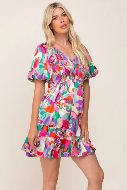 Multi-Color Satin Smocked V-Neck Dress sold by Pinkblush