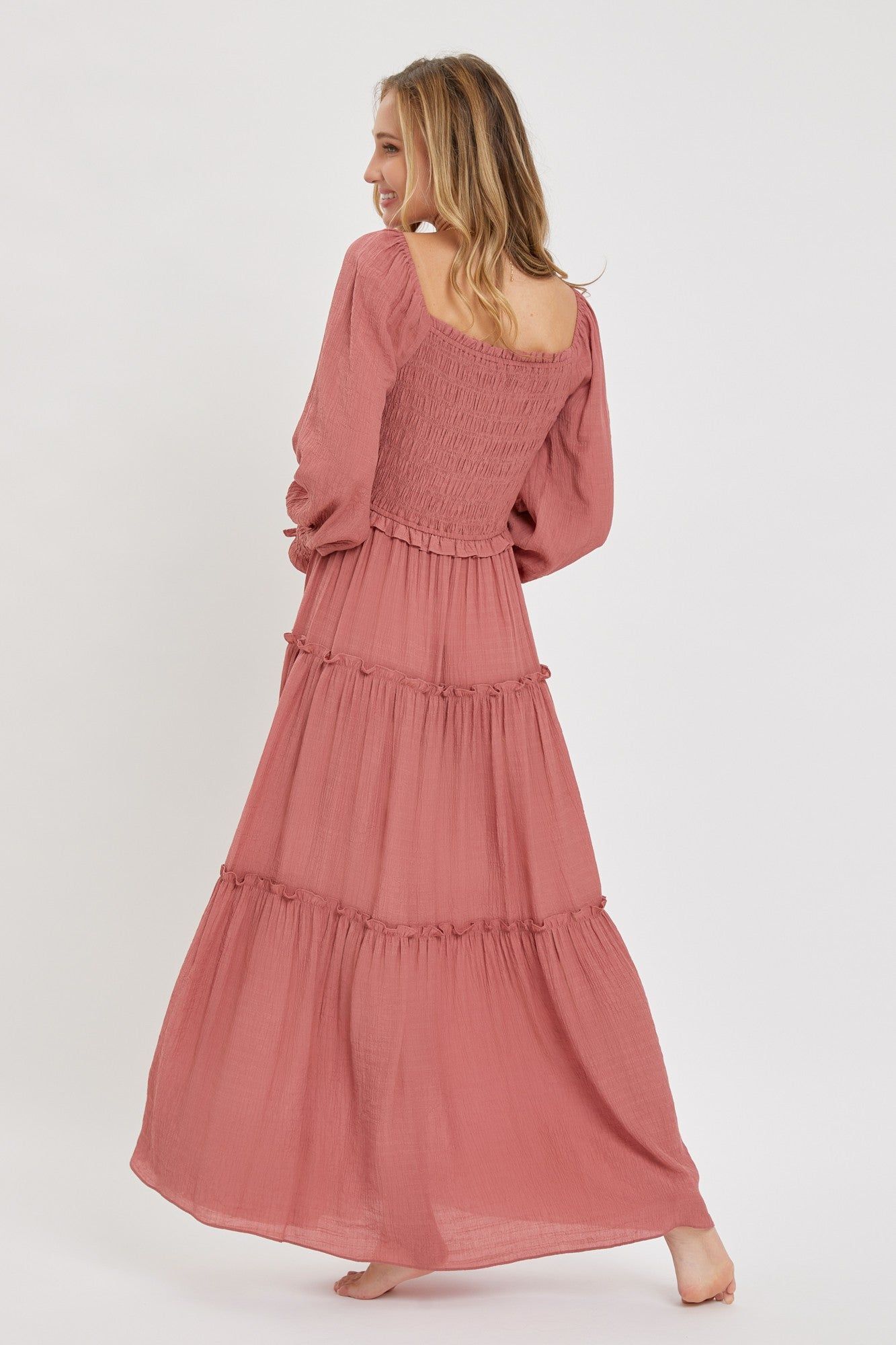 Mauve Smocked Ruffle Maxi Dress sold by Pinkblush product image thumbnail 3