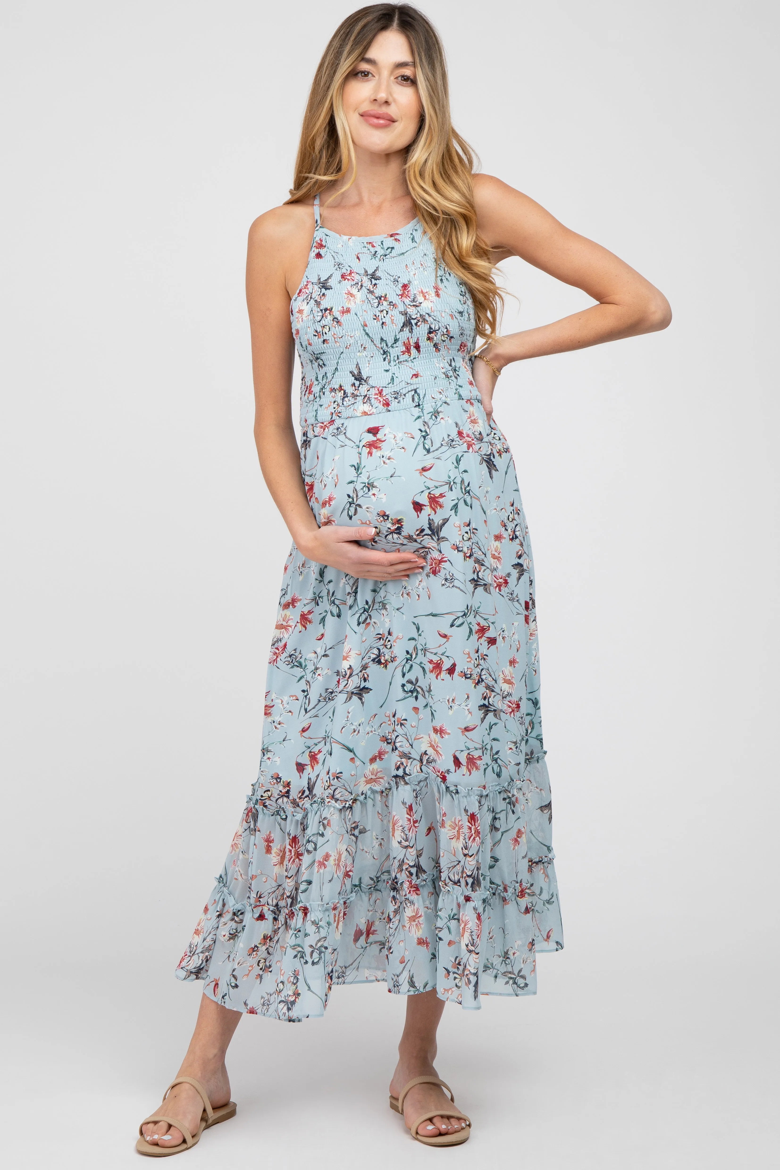 Light Blue Floral Chiffon Smocked Maternity Midi Dress sold by Pinkblush