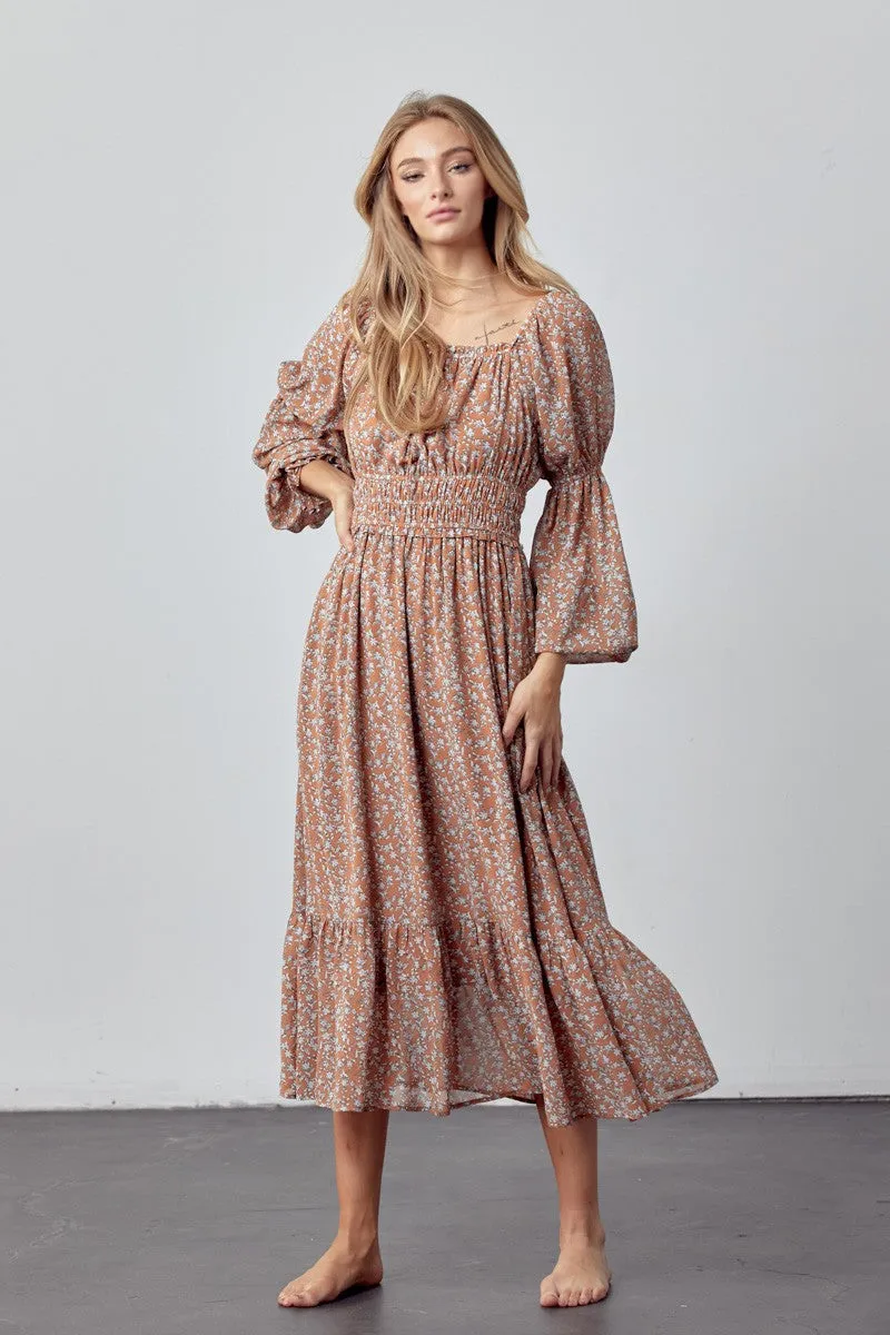 Mocha Ditsy Floral Midi Dress sold by Pinkblush