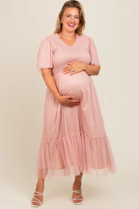 Light Pink Mesh Smocked Plus Maternity Midi Dress sold by Pinkblush