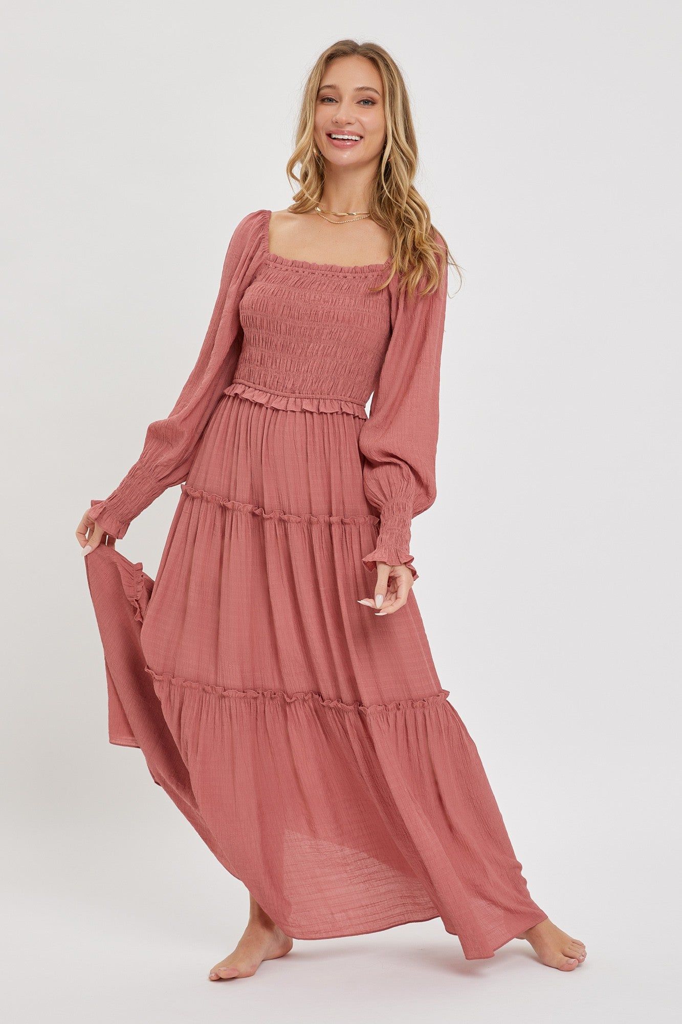 Mauve Smocked Ruffle Maxi Dress sold by Pinkblush product image thumbnail 4