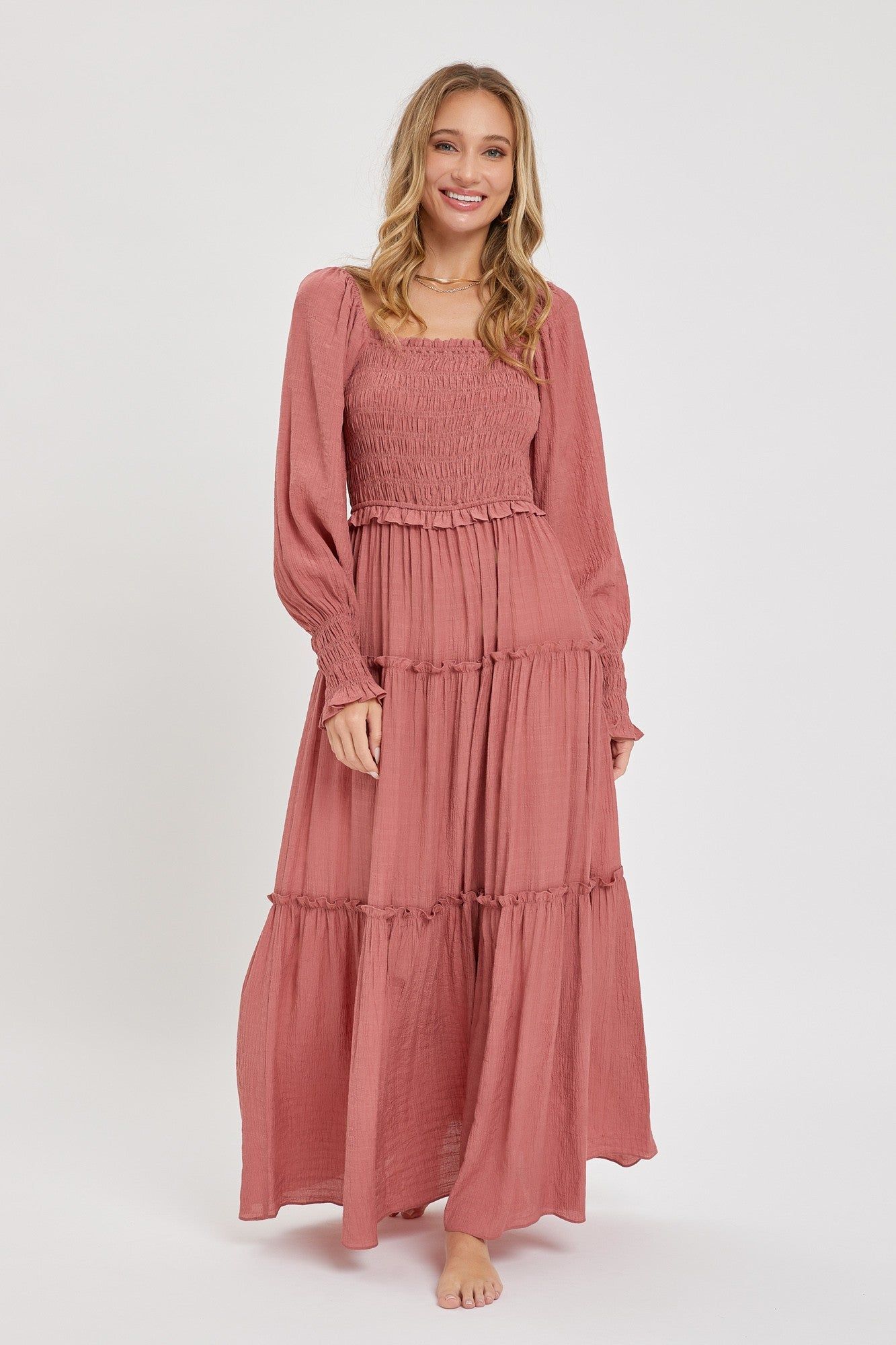 Mauve Smocked Ruffle Maxi Dress sold by Pinkblush