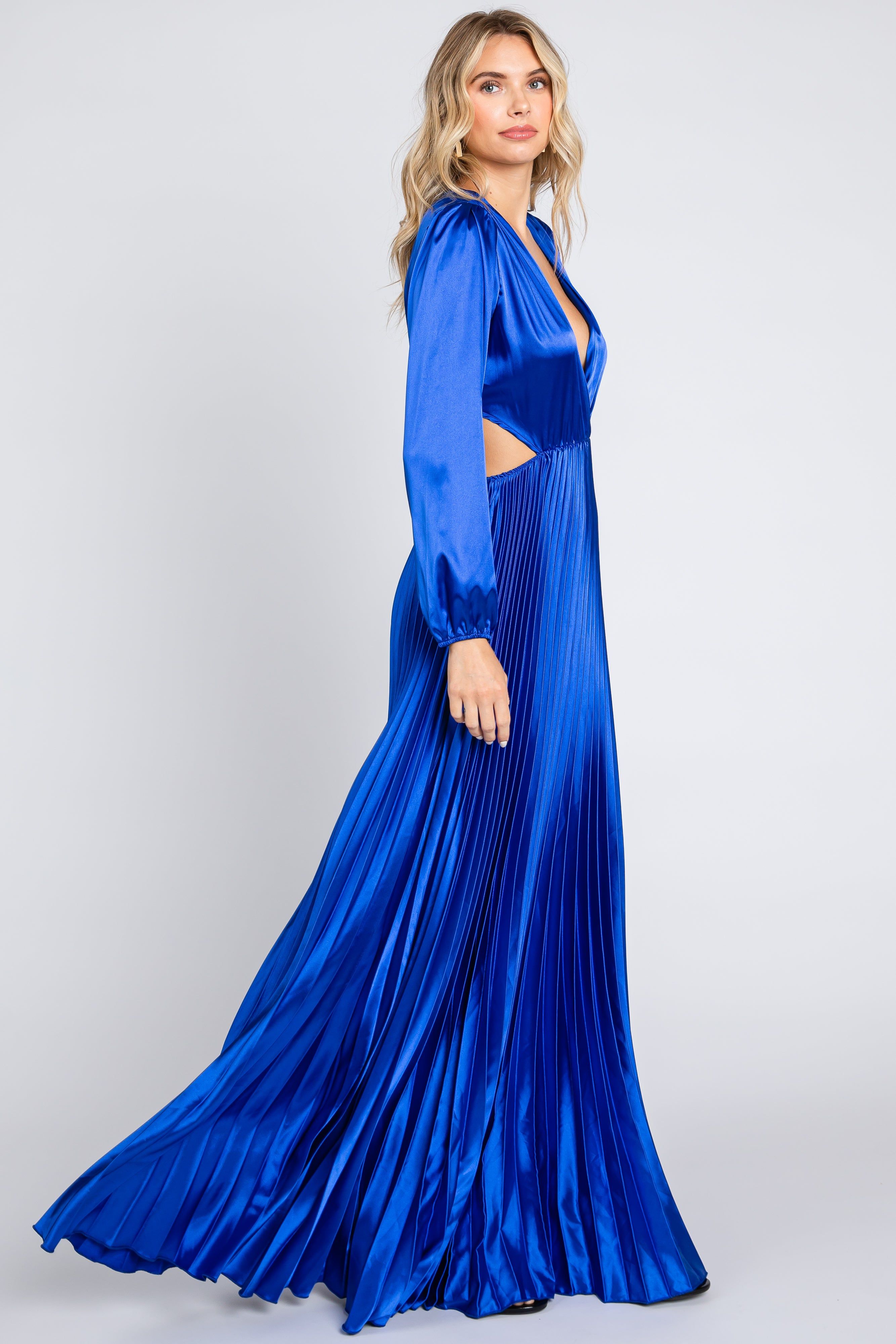 Royal Blue Satin Low Back Cutout Pleated Maxi Dress sold by Pinkblush product image thumbnail 2