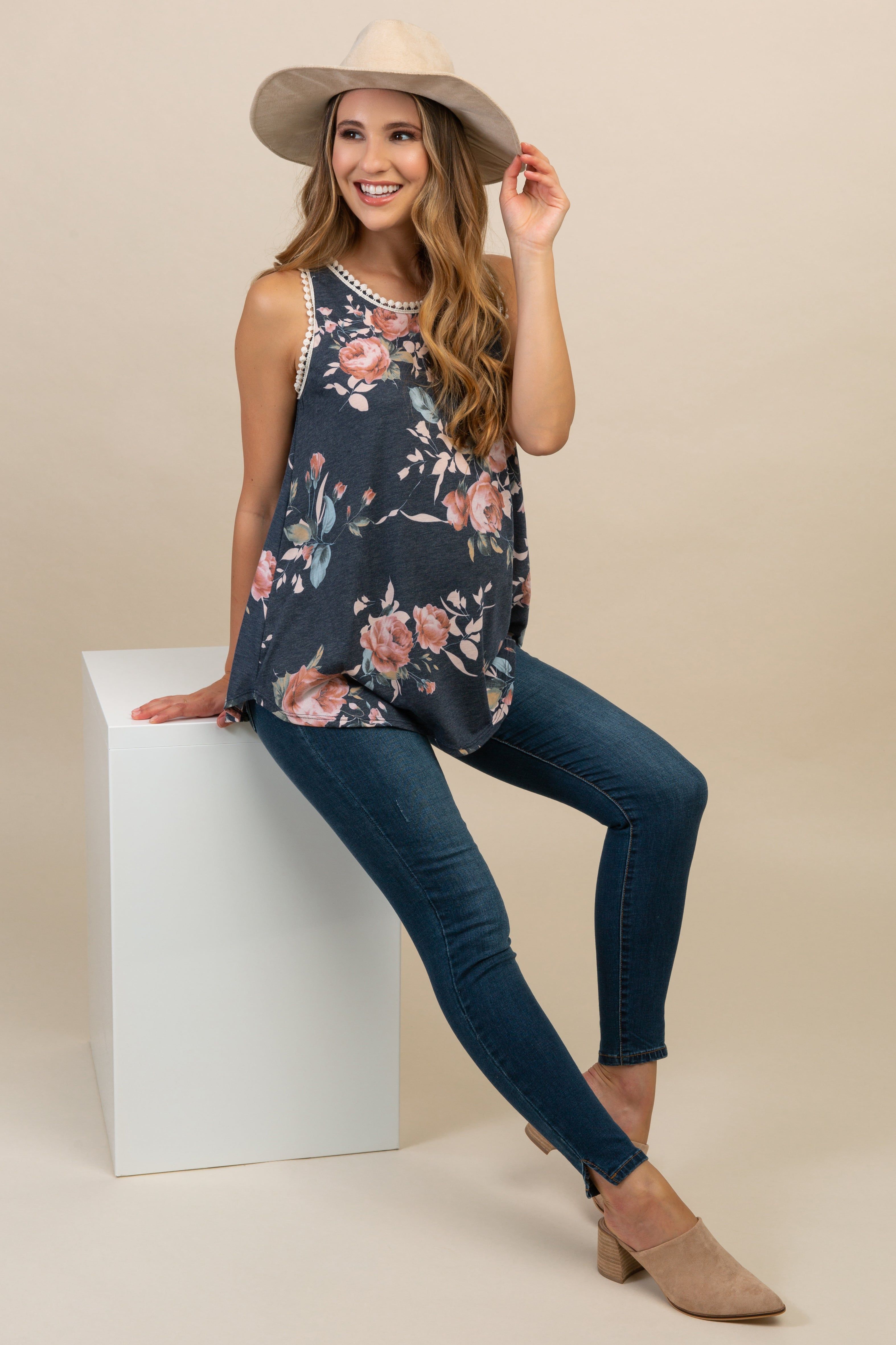 Navy Blue Floral Crochet Trim Sleeveless Maternity Top sold by Pinkblush product image thumbnail 5