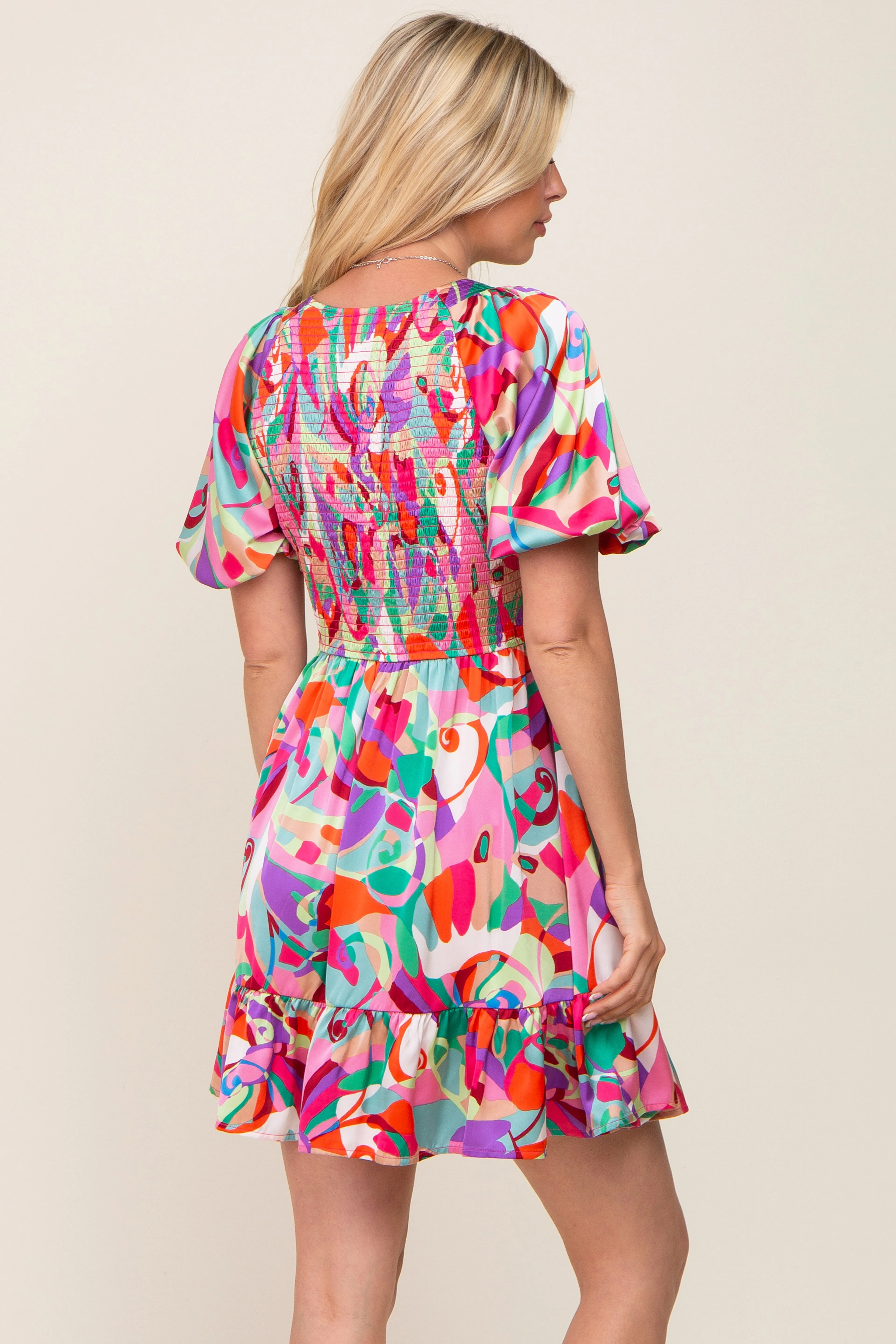 Multi-Color Satin Smocked V-Neck Dress sold by Pinkblush product image thumbnail 3