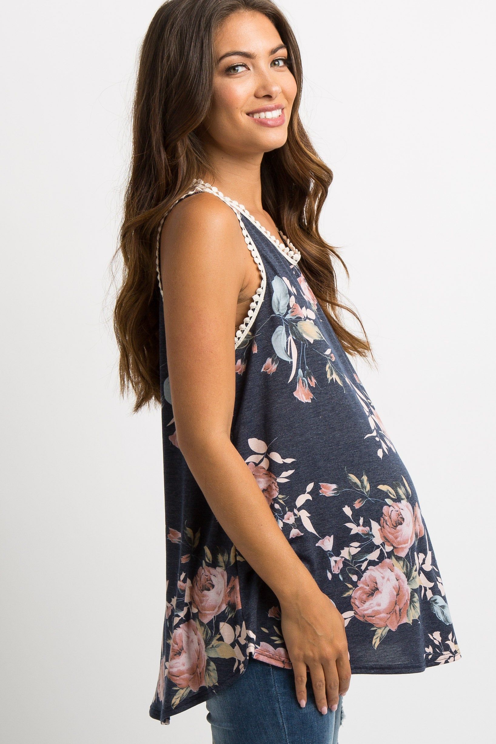 Navy Blue Floral Crochet Trim Sleeveless Maternity Top sold by Pinkblush product image thumbnail 2