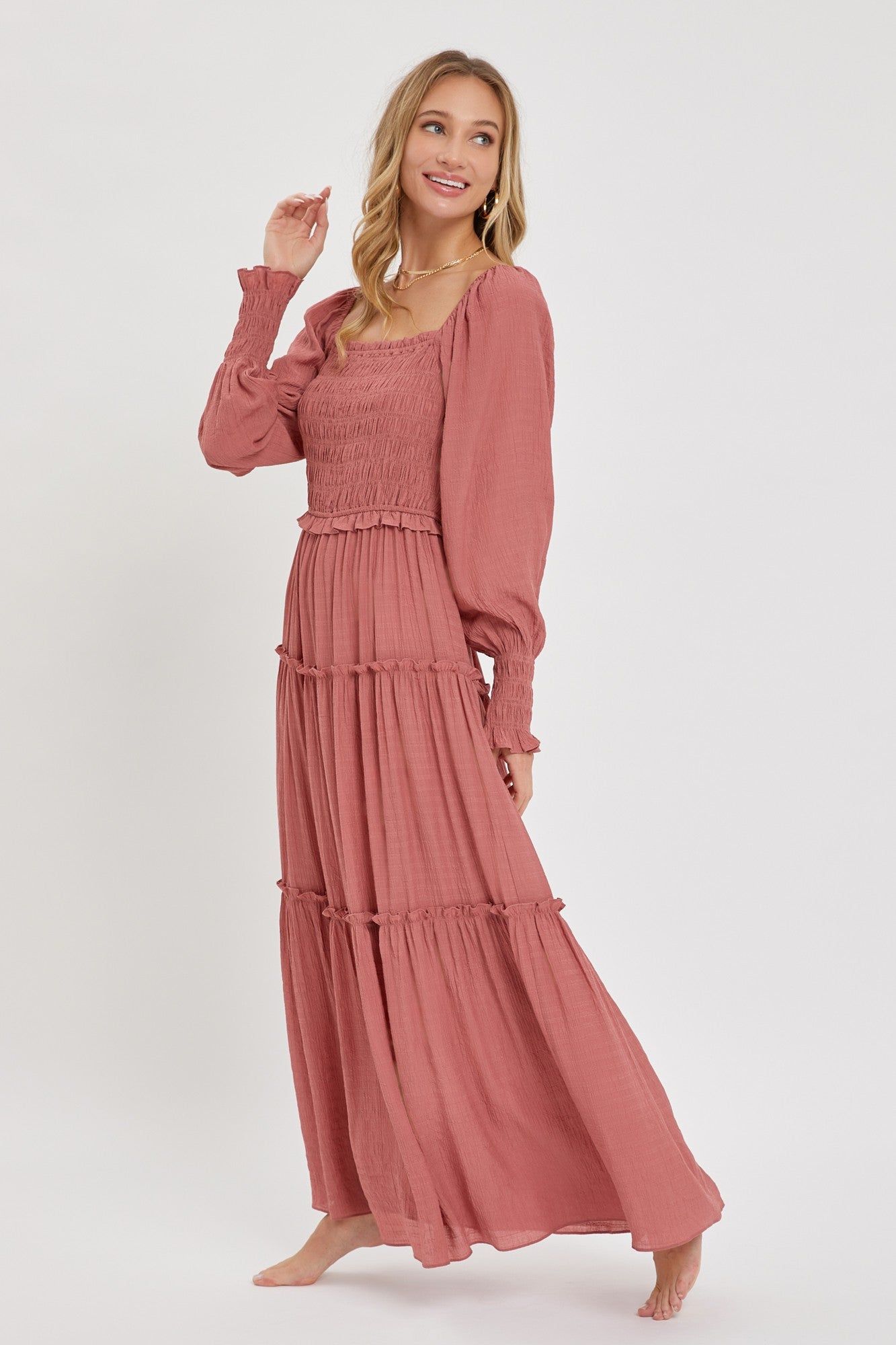 Mauve Smocked Ruffle Maxi Dress sold by Pinkblush product image thumbnail 2