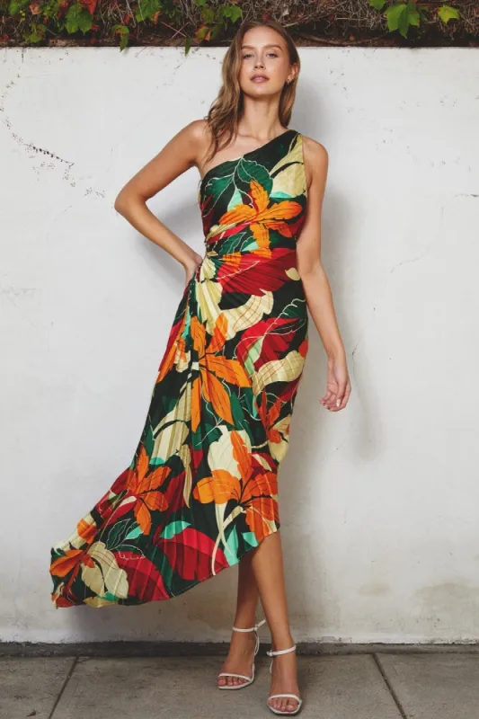 Multi-Color Floral Pleated Satin One Shoulder Asymmetrical Midi Dress sold by Pinkblush
