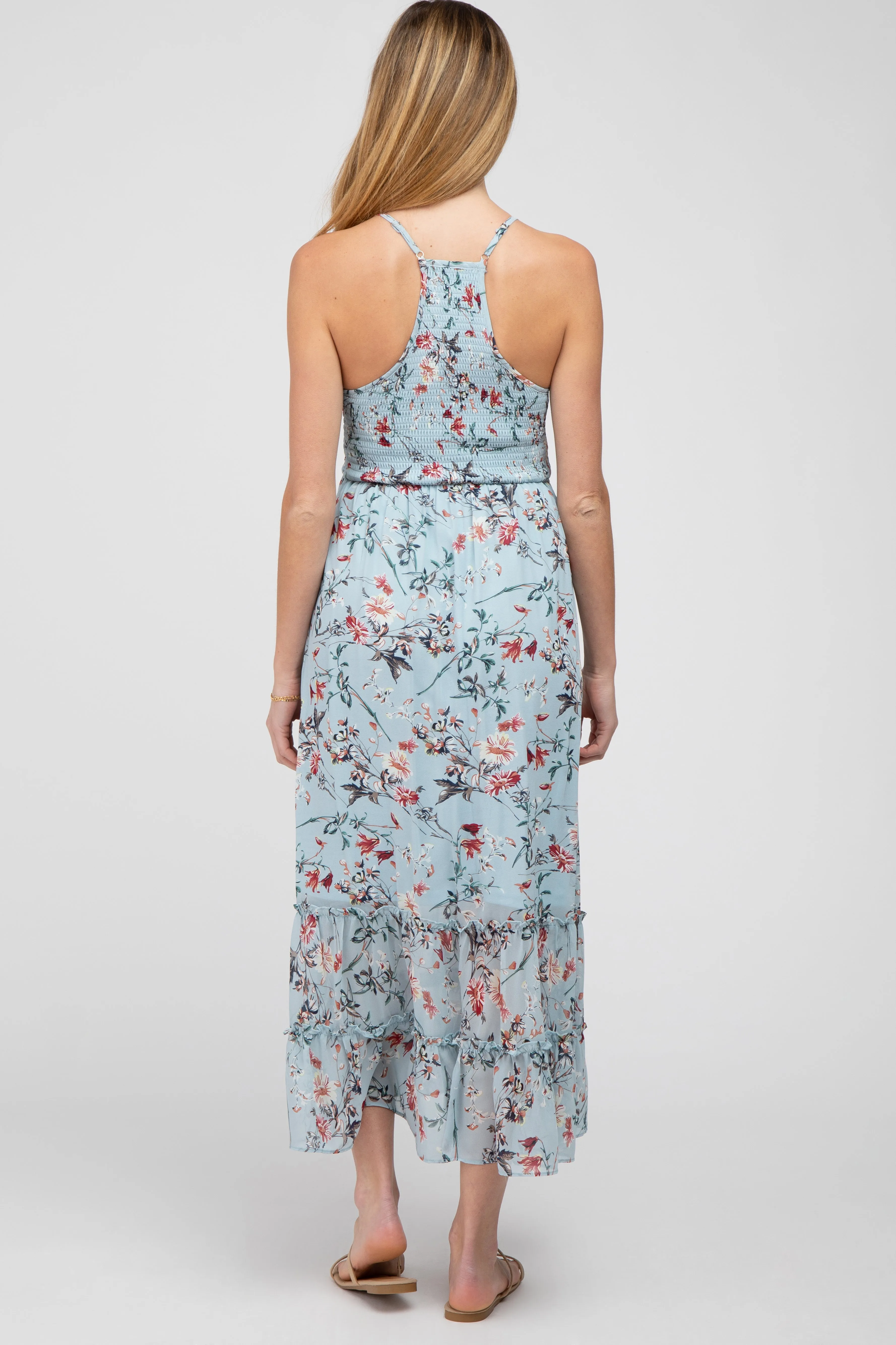 Light Blue Floral Chiffon Smocked Maternity Midi Dress sold by Pinkblush product image thumbnail 3