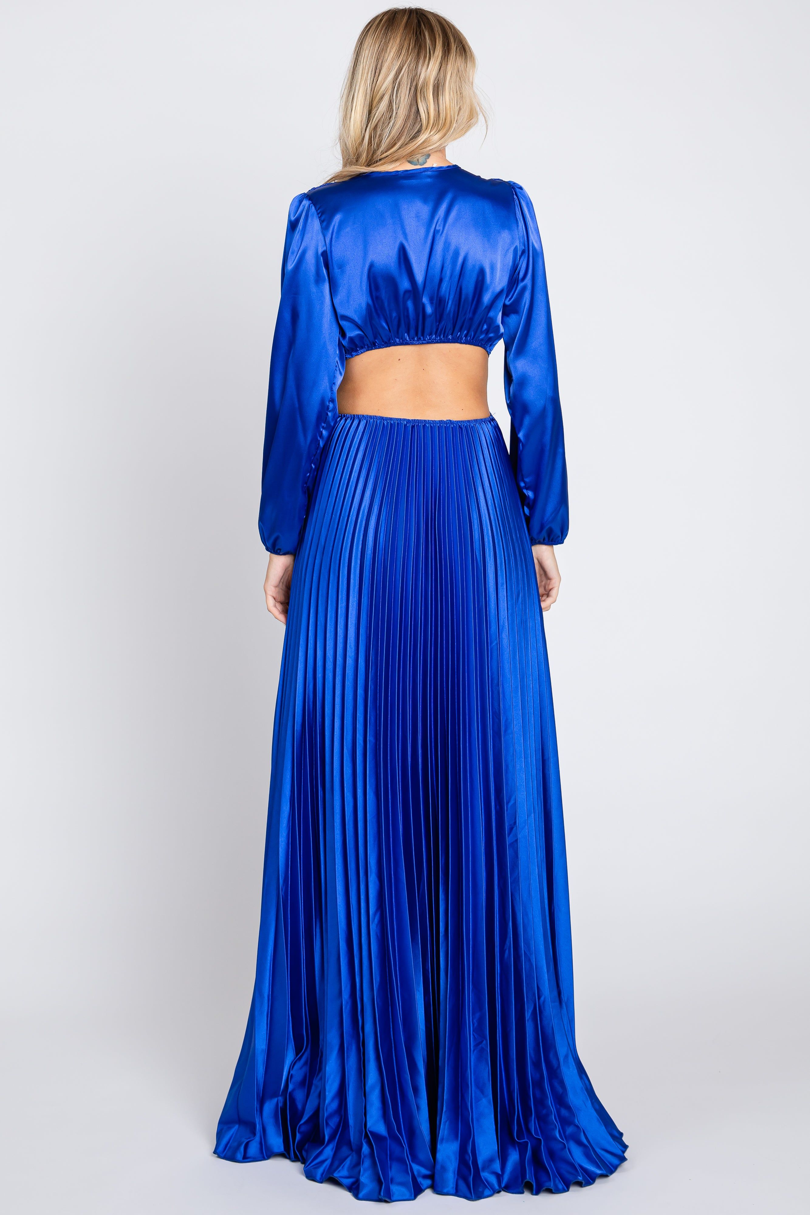 Royal Blue Satin Low Back Cutout Pleated Maxi Dress sold by Pinkblush product image thumbnail 3